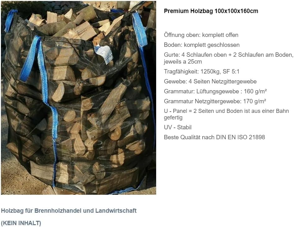 Big Bag Netzgewebe für Brennholz, 10 Stück, 100 x 100 x 160 cm 10
