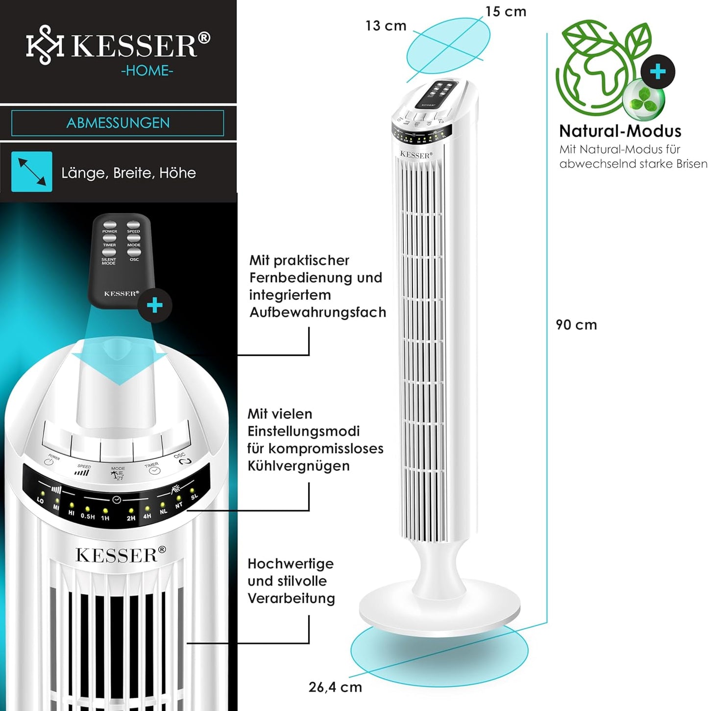 Turmventilator mit Timer und Fernbedienung, Weiss