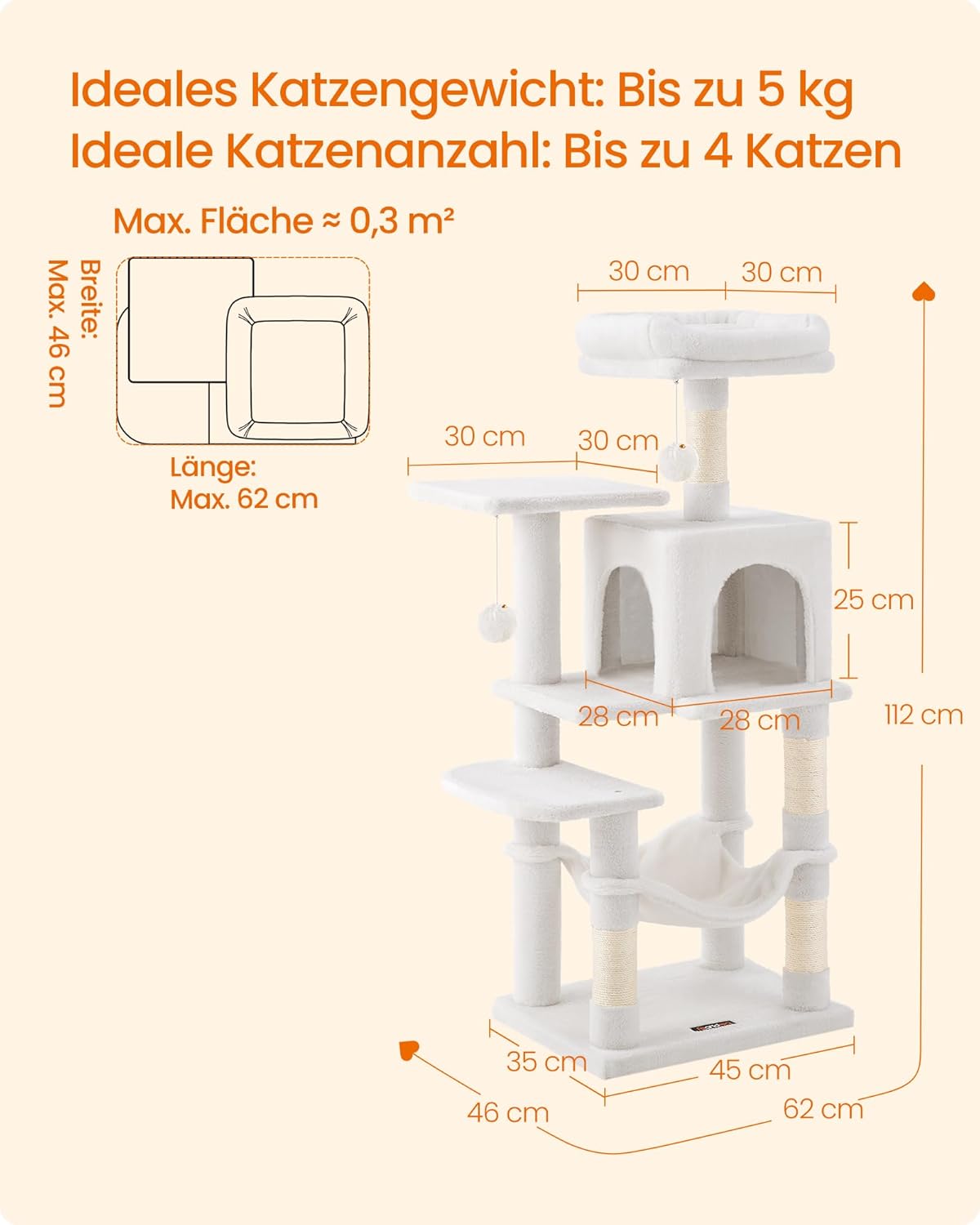 Katzenbaum mit Hängematte, M (45 x 35 x 112 cm) Cremeweiss