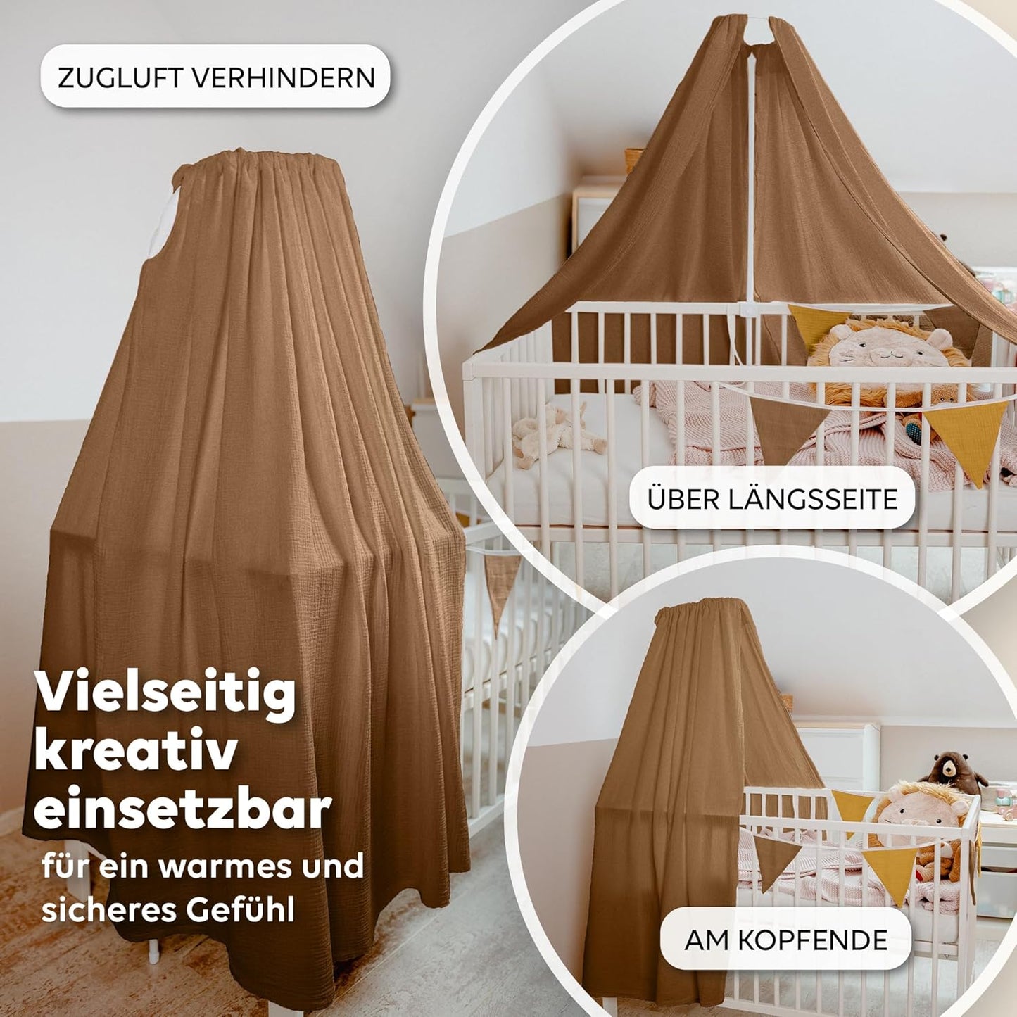 Betthimmel aus Musselin, Nougat ohne Himmelstange