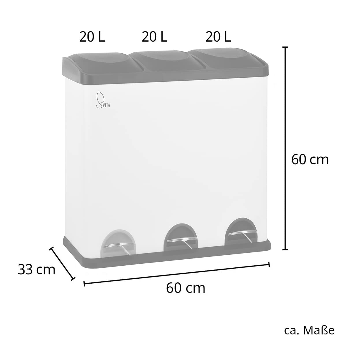 Treteimer TC3X20 für Mülltrennung (3x20L), Weiss