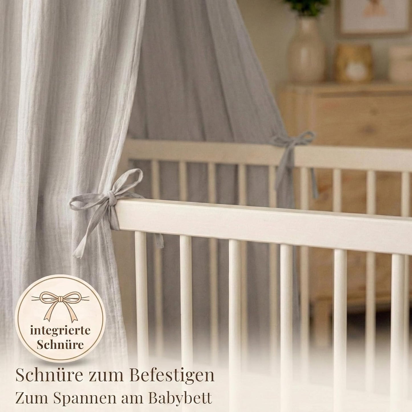 Betthimmel-Set für Babybett, montierbarer Ständer + Stoff hellgrey