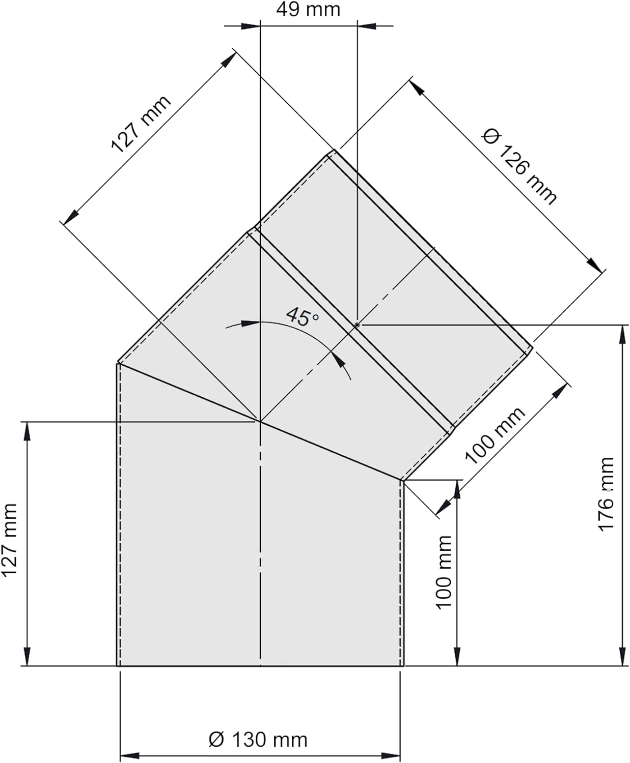 Ofenrohr-Bogen 45° mit Senotherm-Beschichtung, Bogen 45° - Ø 130 mm Schwarz