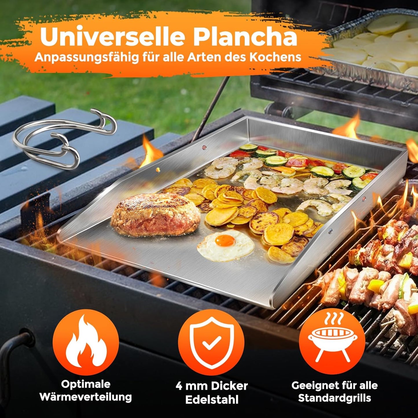 Grillplatte Plancha mit Grillspachtel-Set, Drei Kanten