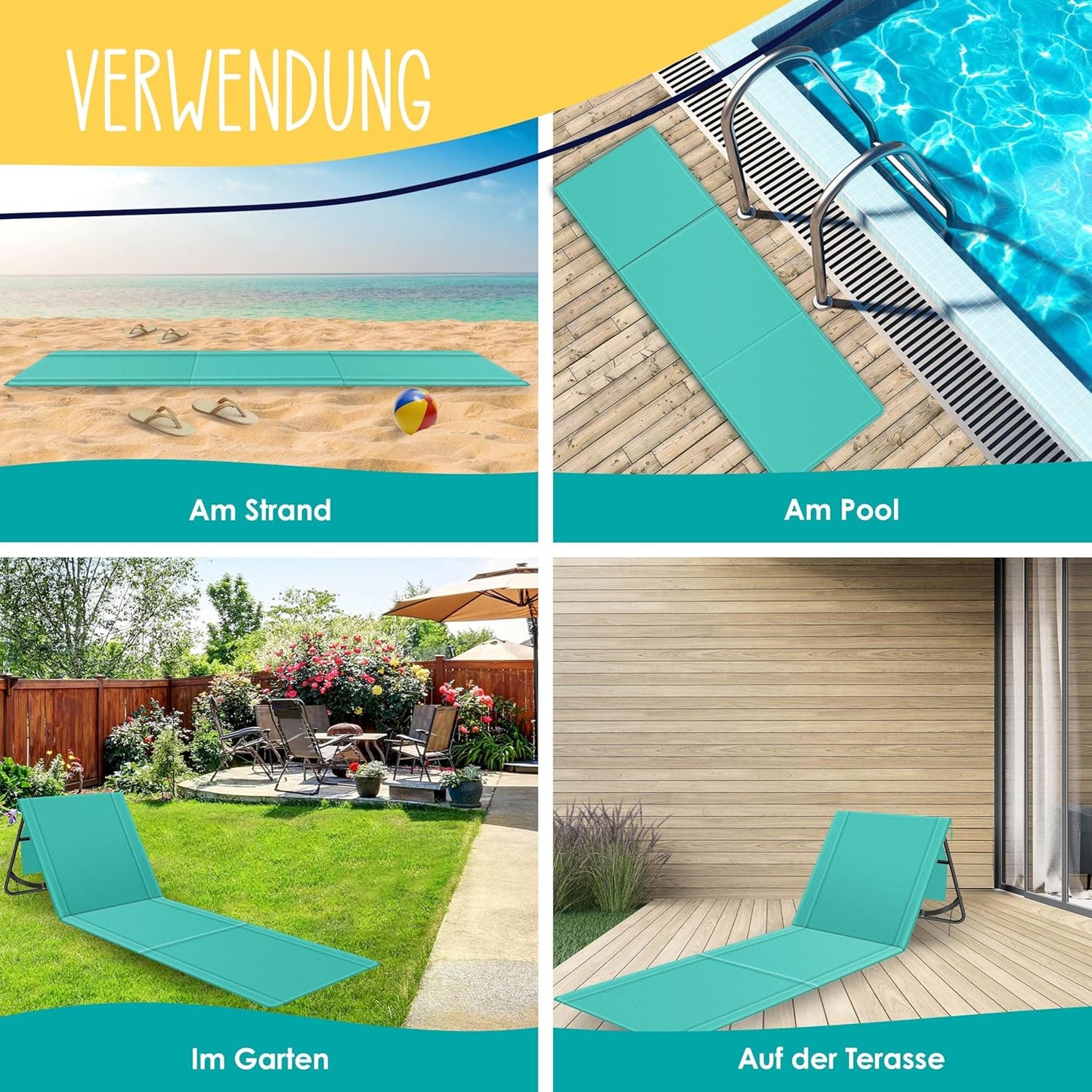 Klappbare Strandmatte mit verstellbarer Rückenlehne und Tragegurt, 1 Stück Aqua Blue