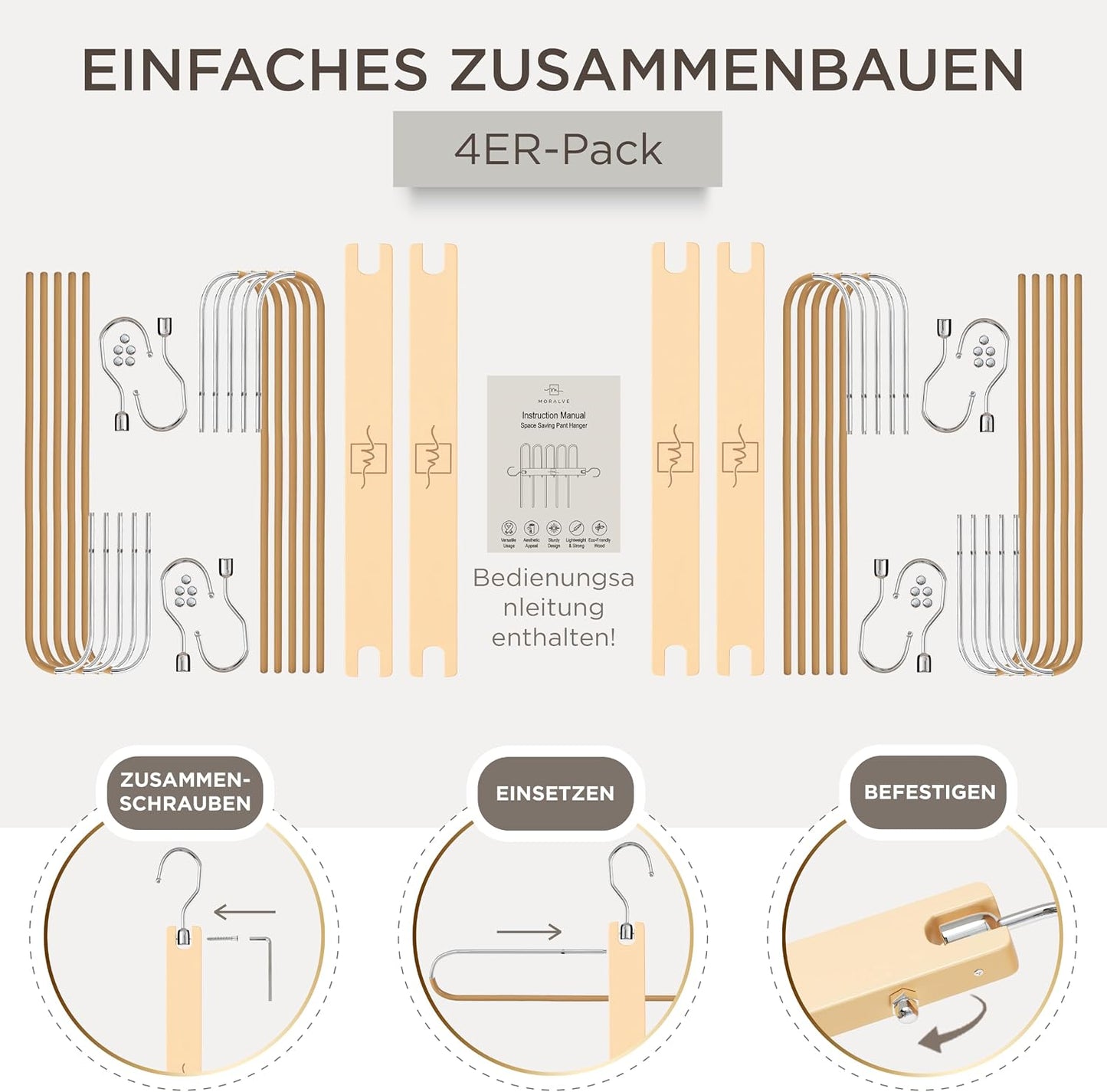 Hosenbügel aus Buchenholz, platzsparend (4er-Set), Natur 4er-Pack