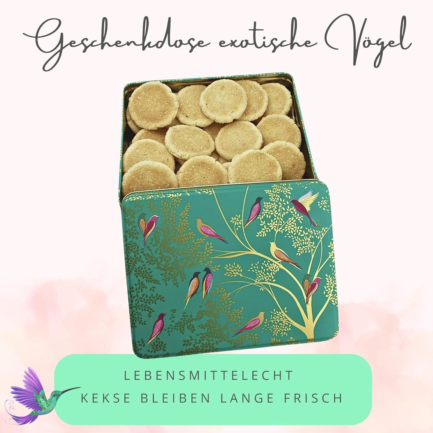 Keksdose mit exotischen Vögeln-Motiv, Exotische Vögel