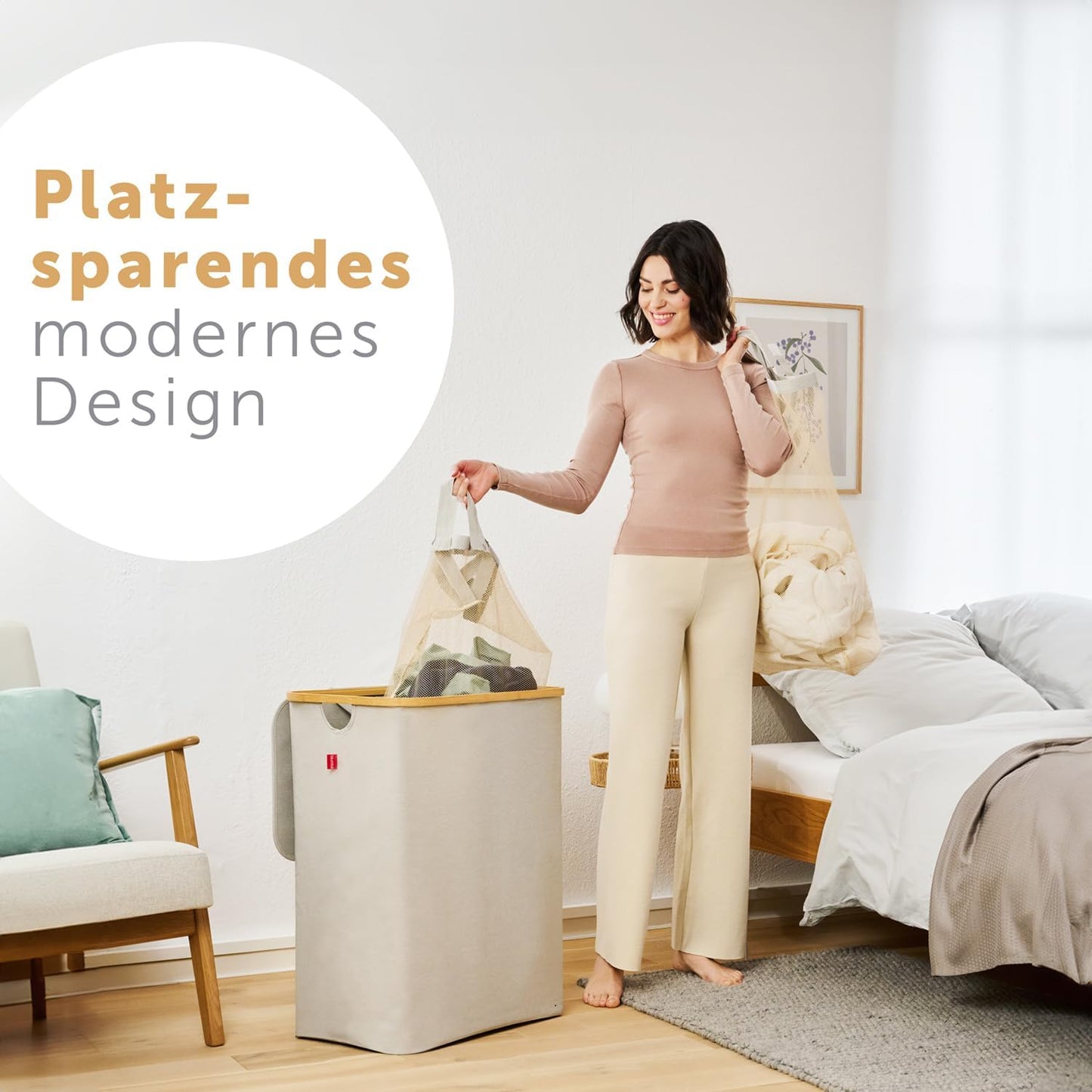 Wäschesammler mit 2 Wäschebeuteln und Wäschenetzen, Beige 140L