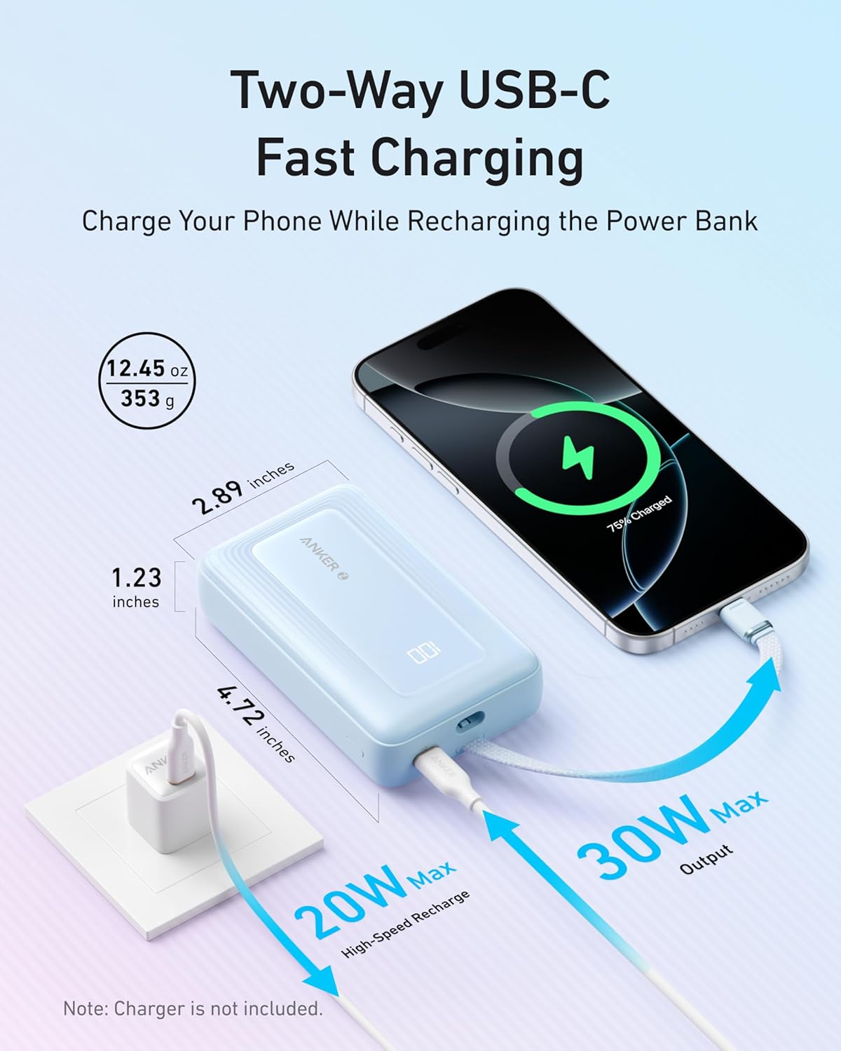 Powerbank 20000mAh, USB-C Kabel Blau