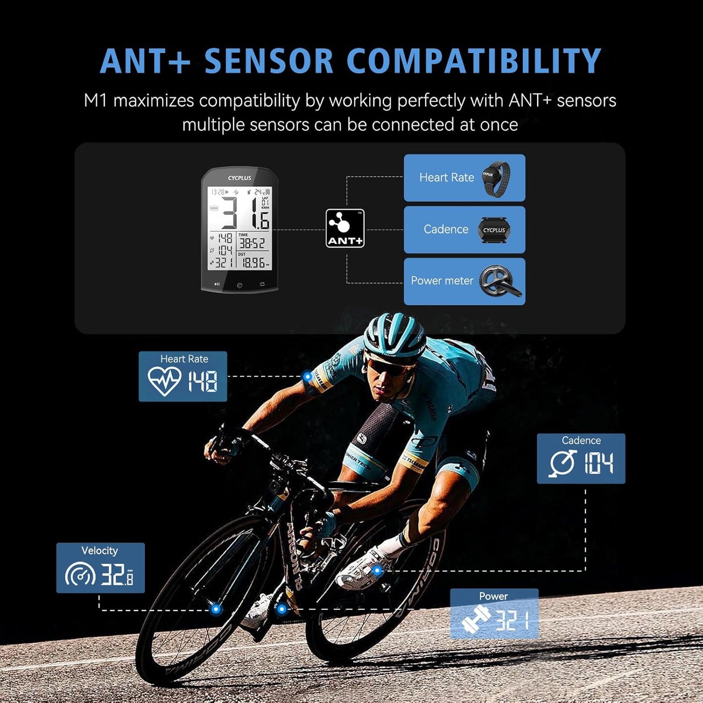 GPS Fahrradcomputer Kabellos mit ANT+ Bluetooth, M1