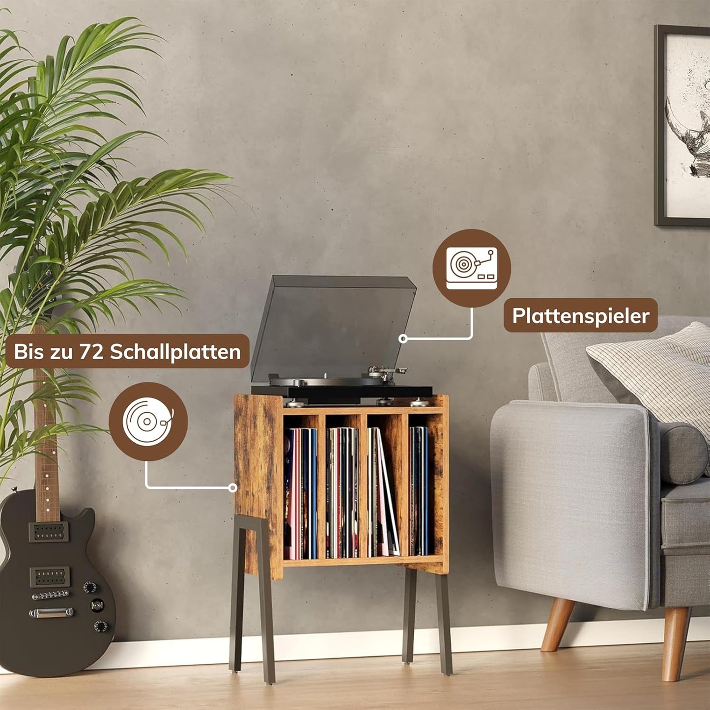 Plattenspielertisch mit 4 Fächern, Vintage Braun 40 x 30 x 66cm