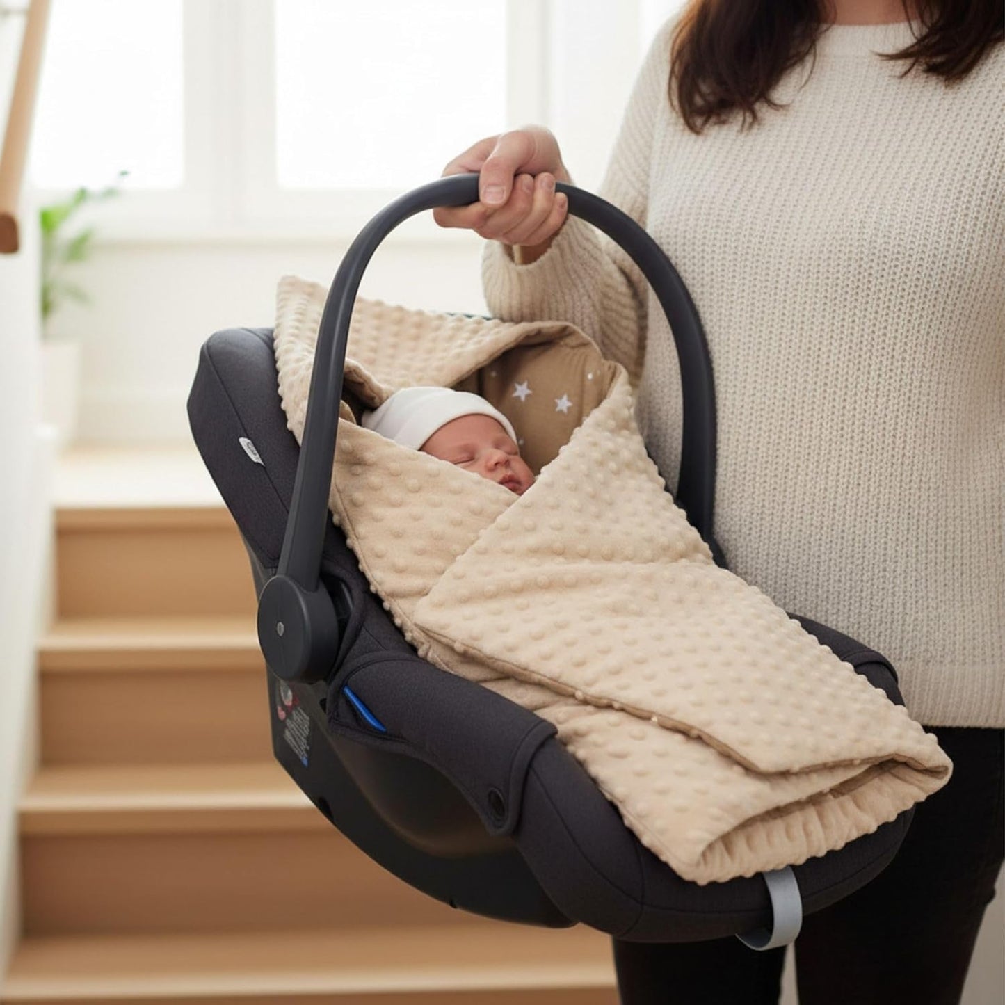 Einschlagdecke für Babyschale und Autositz, Beige mit Weiß Sternen Ganzjahres