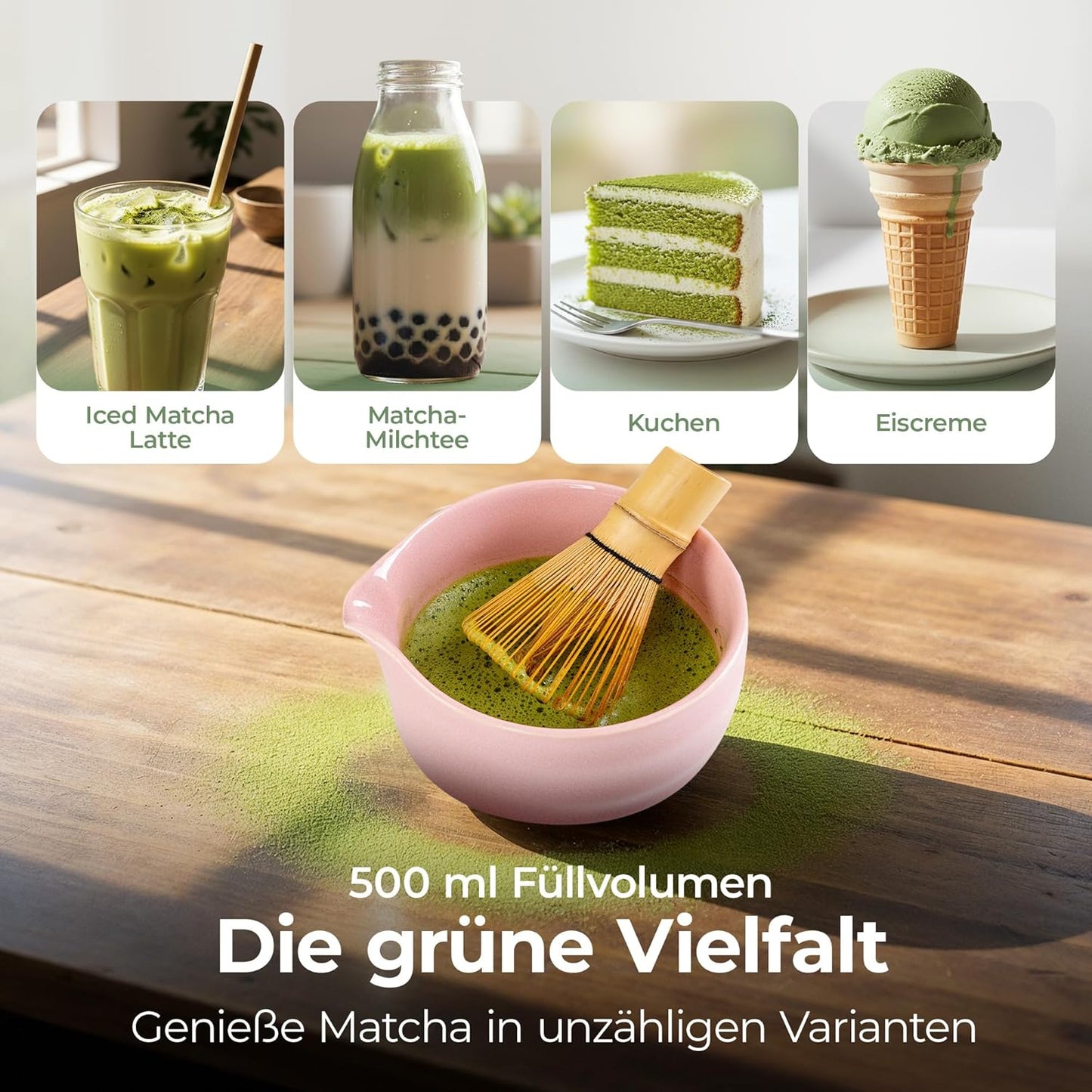 Matcha Tee-Set mit Besen und Schale, 5-teilig, Rosa