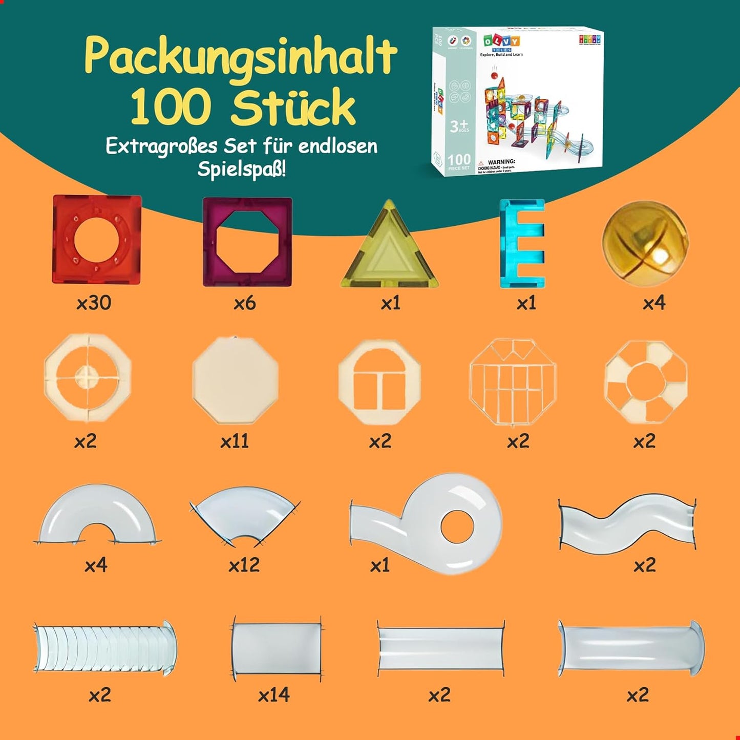 Magnetische Bausteine Murmelbahn-Set (100 Teile)
