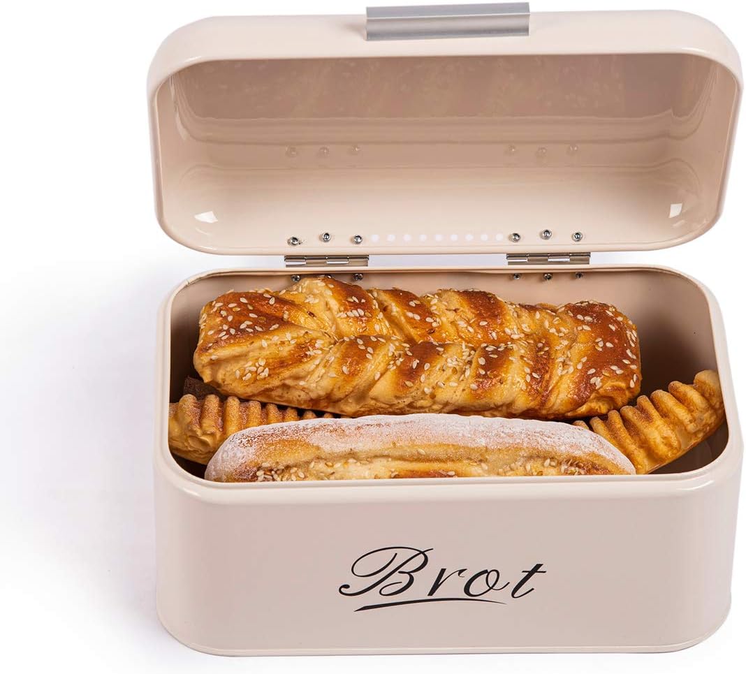 Grosser Brotkasten mit Deckel im Retro Design, Beige-31cm