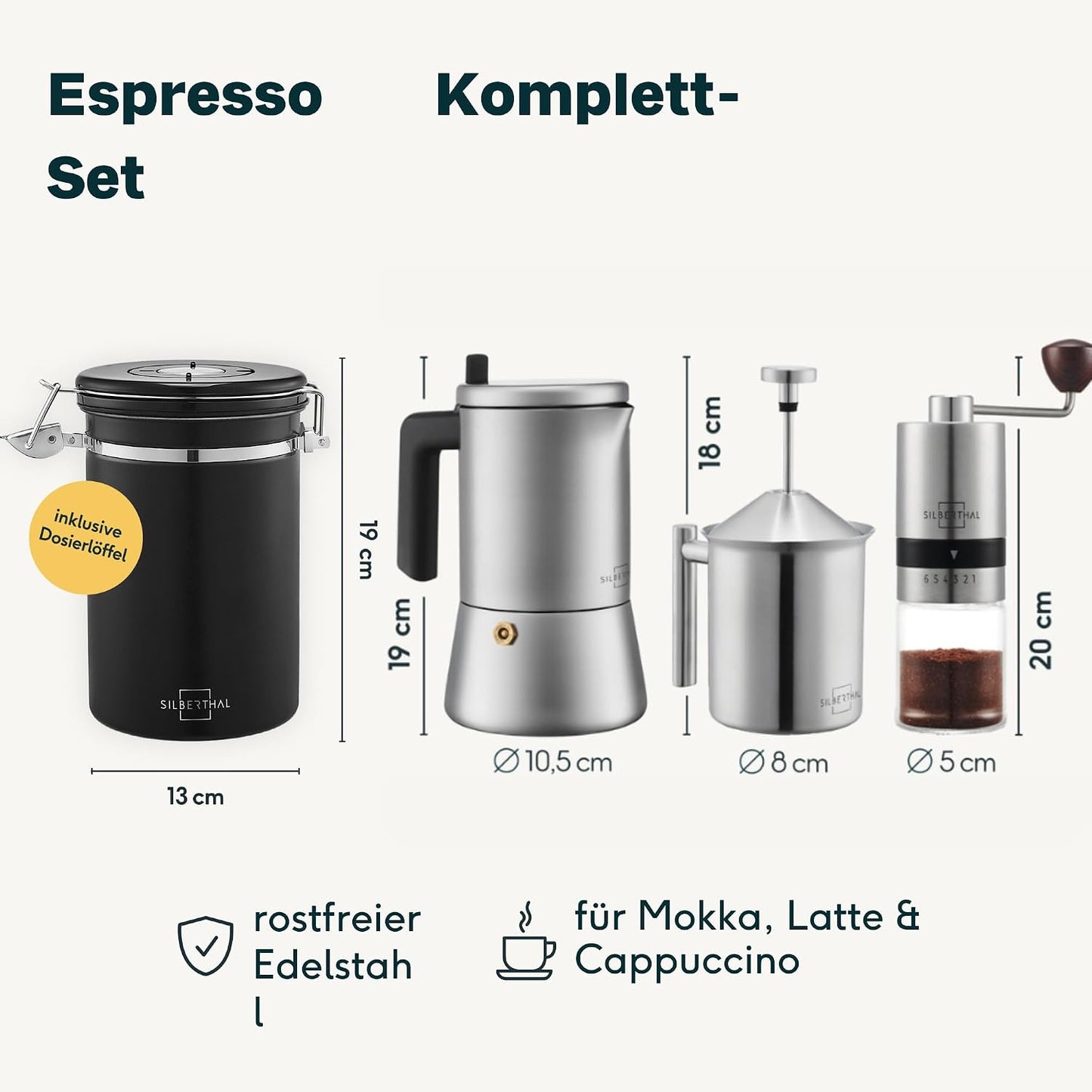 Espressokocher Komplett-Set mit Mühle, Milchaufschäumer und Kaffeedose, Spar-set Espresso Komplett- 4er Set