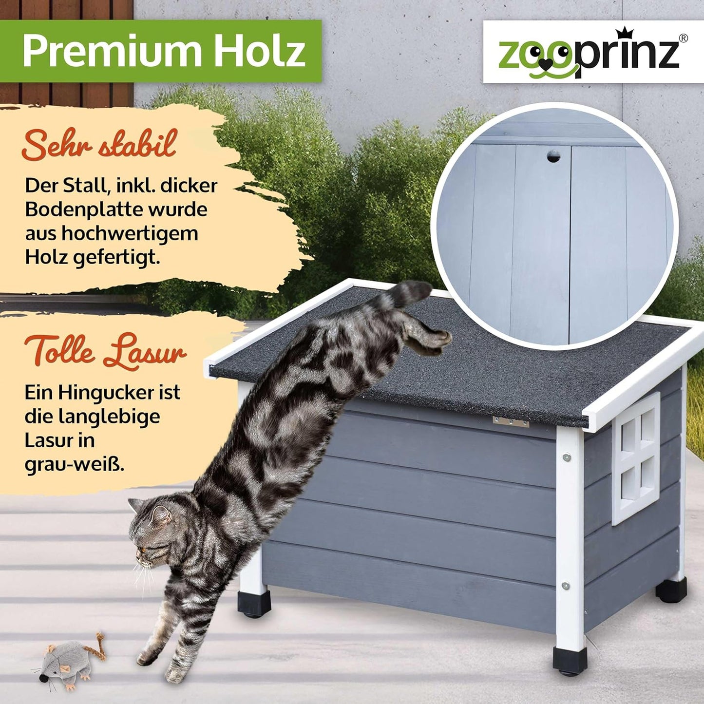 Katzenhaus mit Schwingtür und Fenster, Grau-Weiß Standard