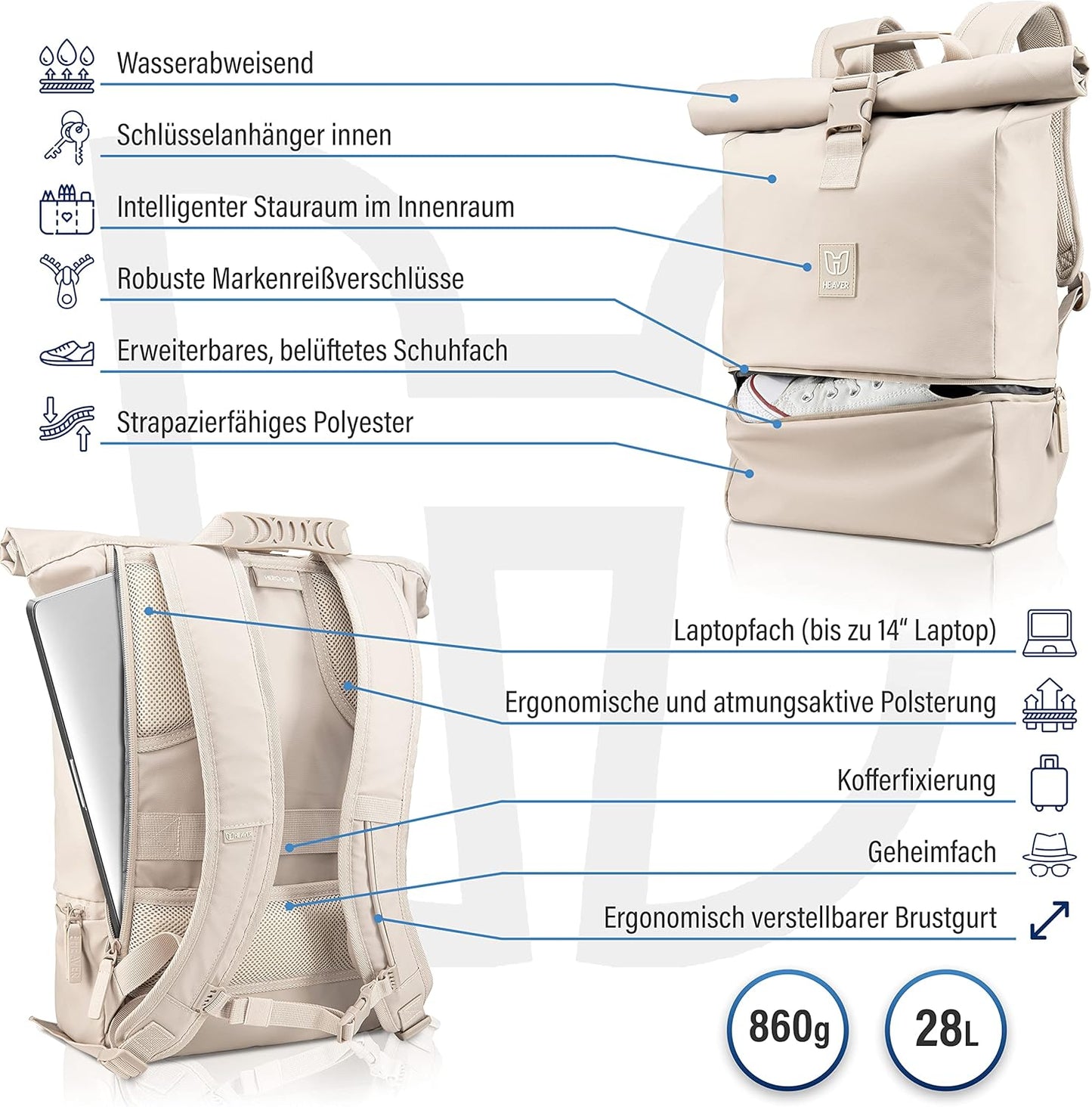 Rolltop Rucksack mit Laptopfach, Sand
