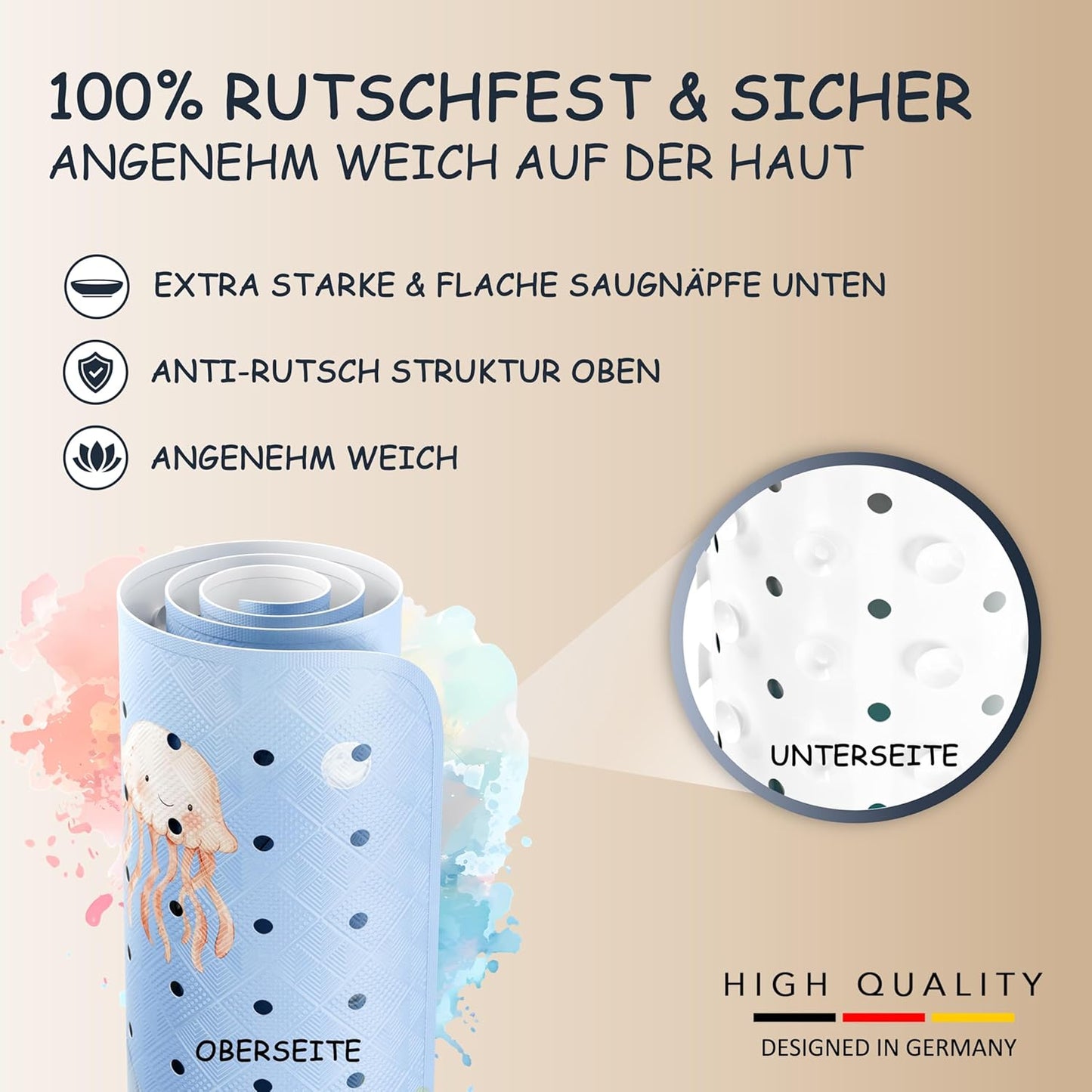 Antirutsch Badewannenmatte Kinder, 100 x 40 cm (Rechteckig) Rochen Unterwasserwelt Blau