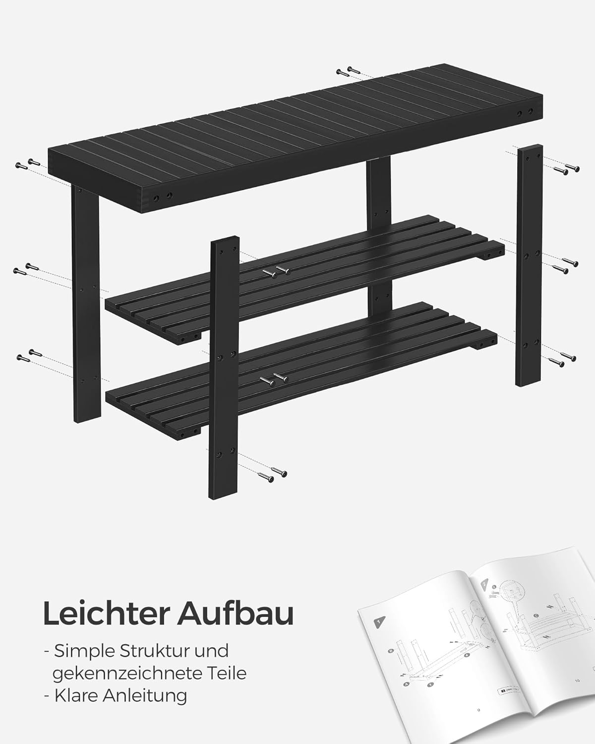 Schuhbank mit 3 Ebenen, Schwarz 90L cm