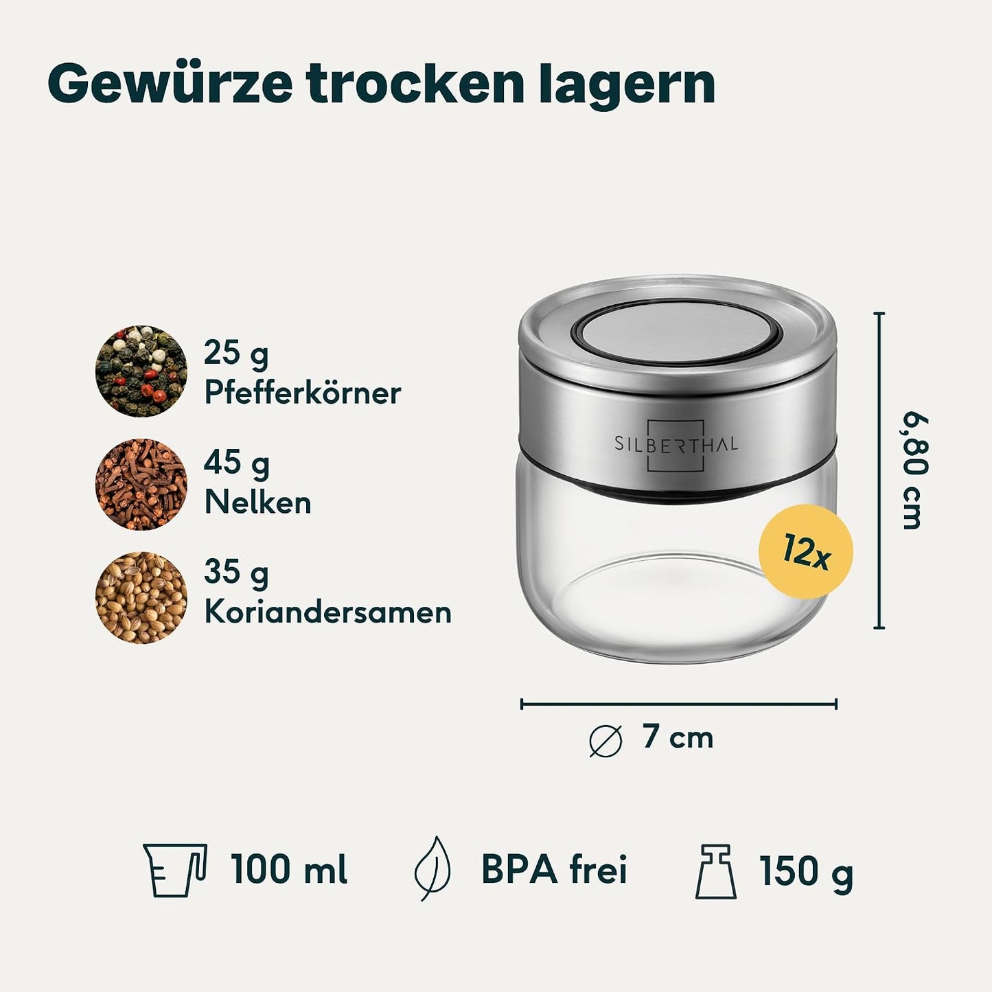 Gewürzgläser-Set mit Klickdeckel, 12x 100 ml, Set 12x 100 ml