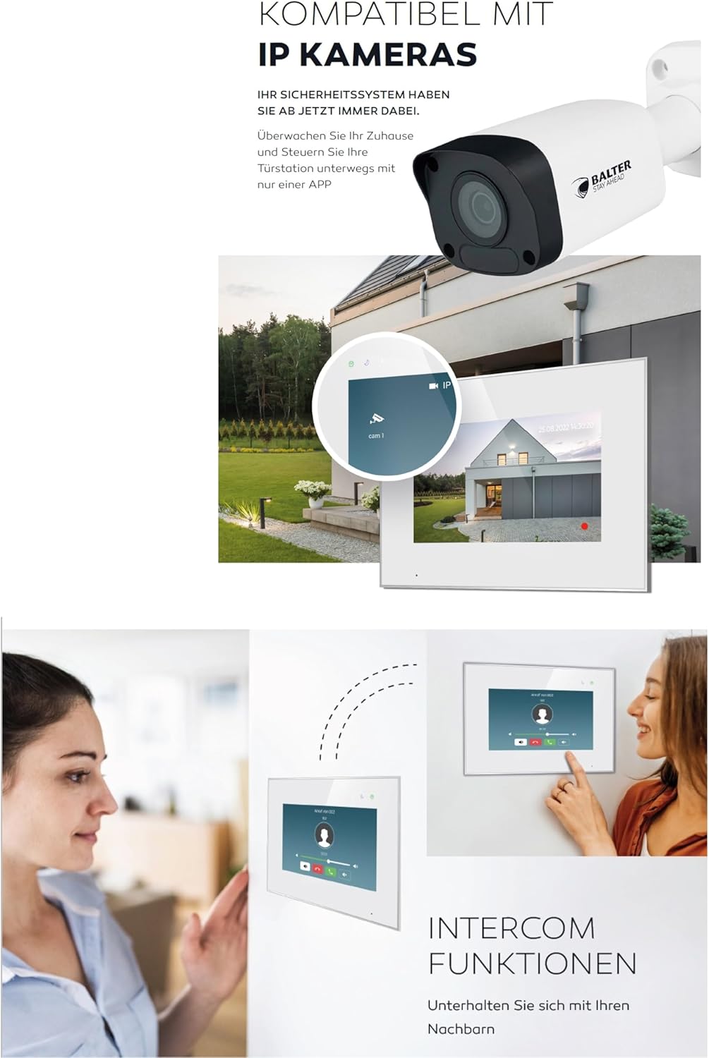 Balter EVO-HD Video-Türsprechanlage mit Touchscreen & Weitwinkelkamera, Schwarz/Silber mit Wi-fi 2 Monitore