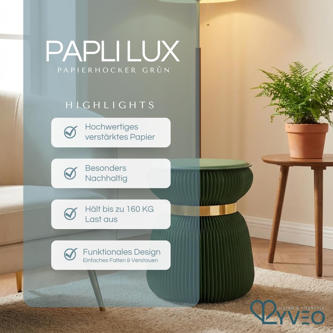 Papierhocker Papli Lux mit 180 Lamellen, Grün mit Goldenem Band