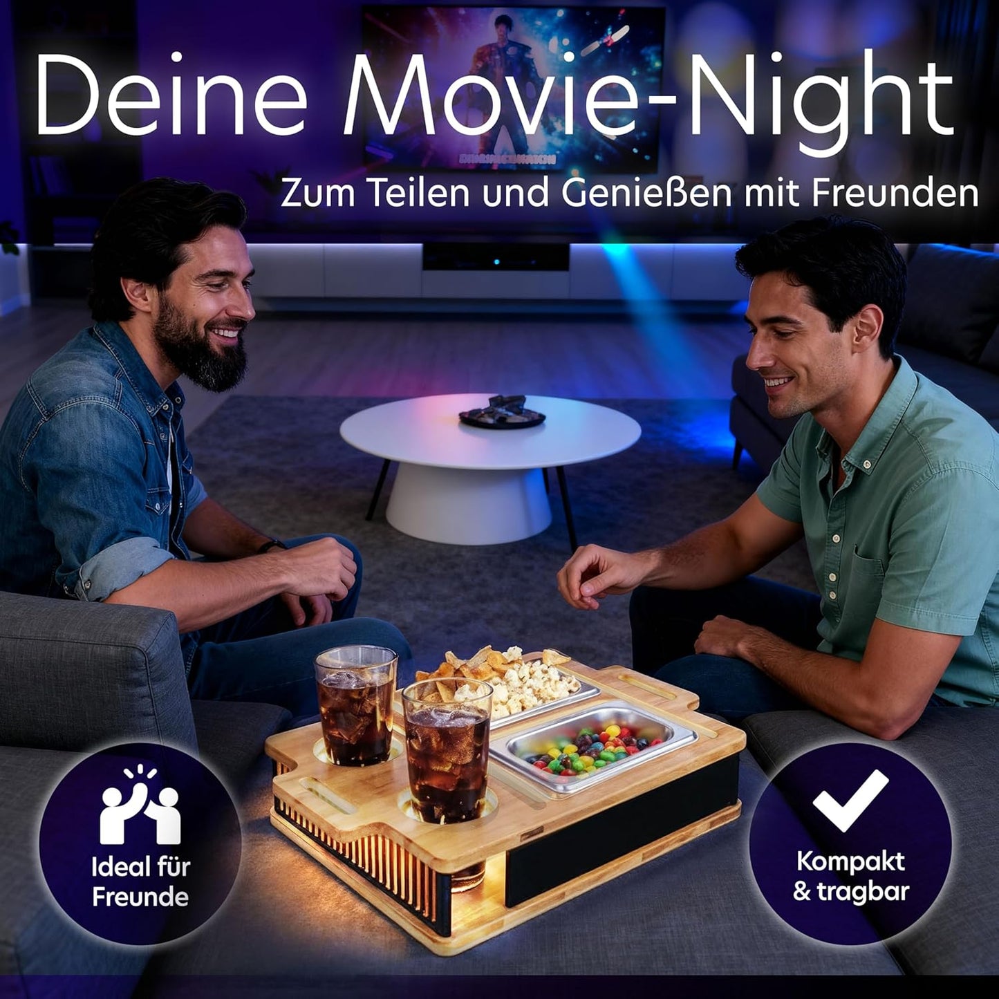 Couchbar mit Leuchteffekt, Schalen,Handy- & Getränkehalter