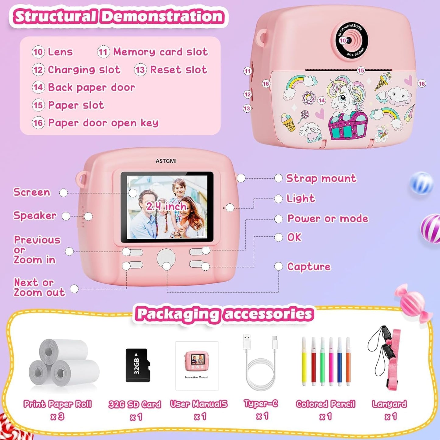 Kinder-Sofortbildkamera mit Fotodruck, Rosa