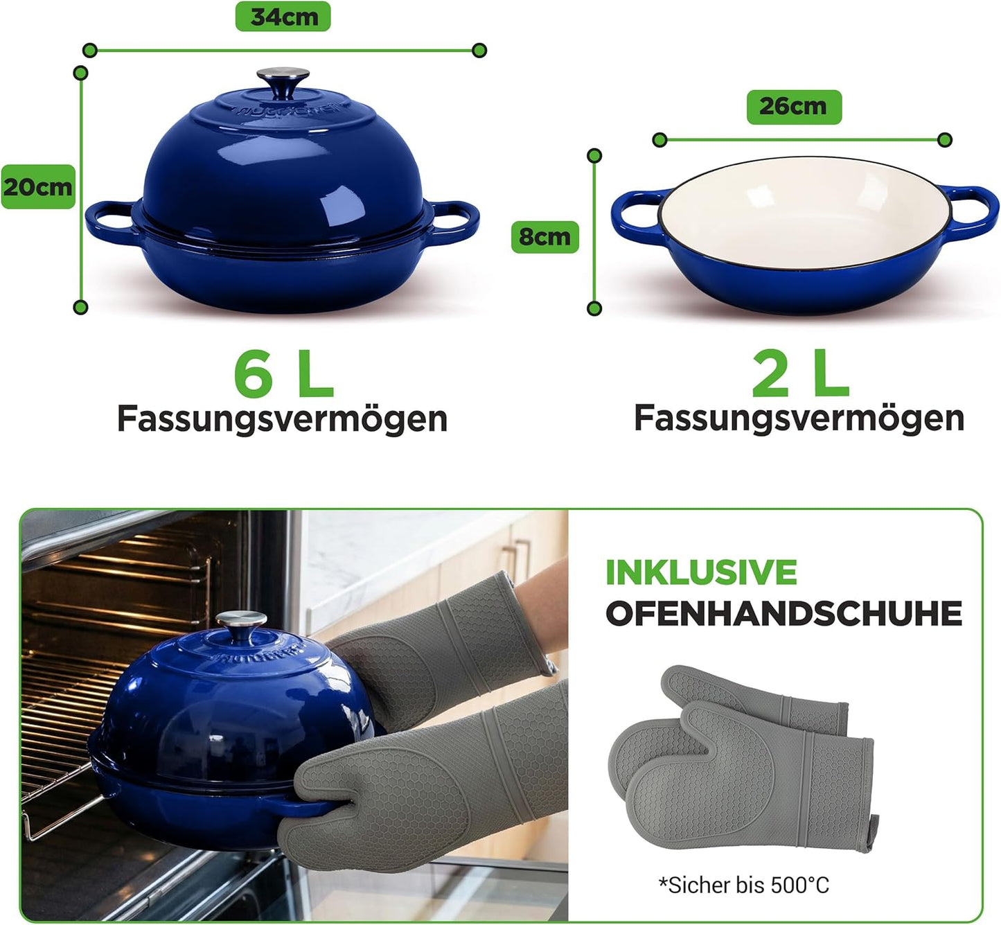 Gusseisentopf mit Deckel und Silikonhandschuhen, Blau