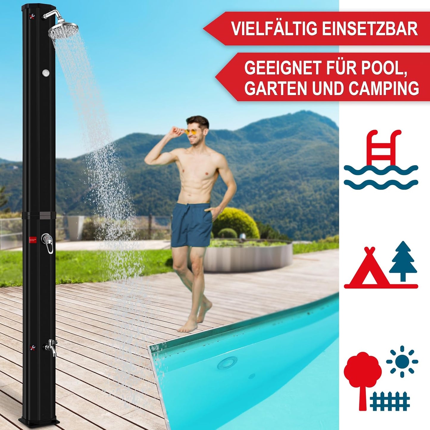 Solardusche Garten mit Thermometer & Wasserhahn 35L, Schwarz