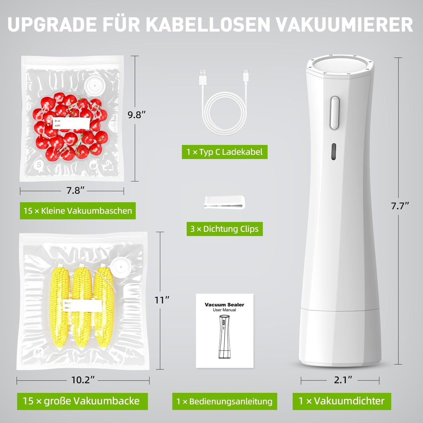 Mini Vakuumiergerät mit 30 wiederverwendbaren Vakuumbeuteln, X-Large(Siegelgerät*1 + Vakuumbeutel*30-Set)