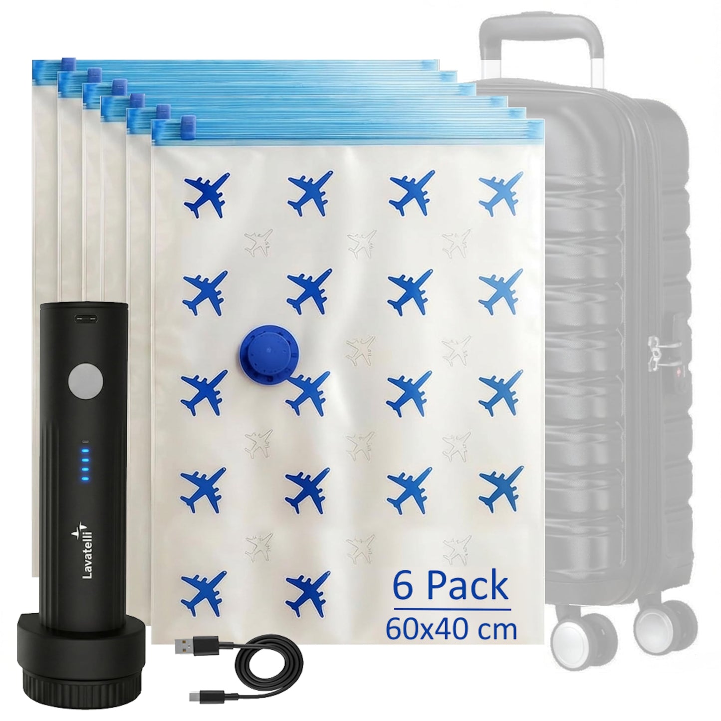 Reise-Vakuumset mit USB-C Pumpe, Pumpe + 6 Beutel 40×60 cm