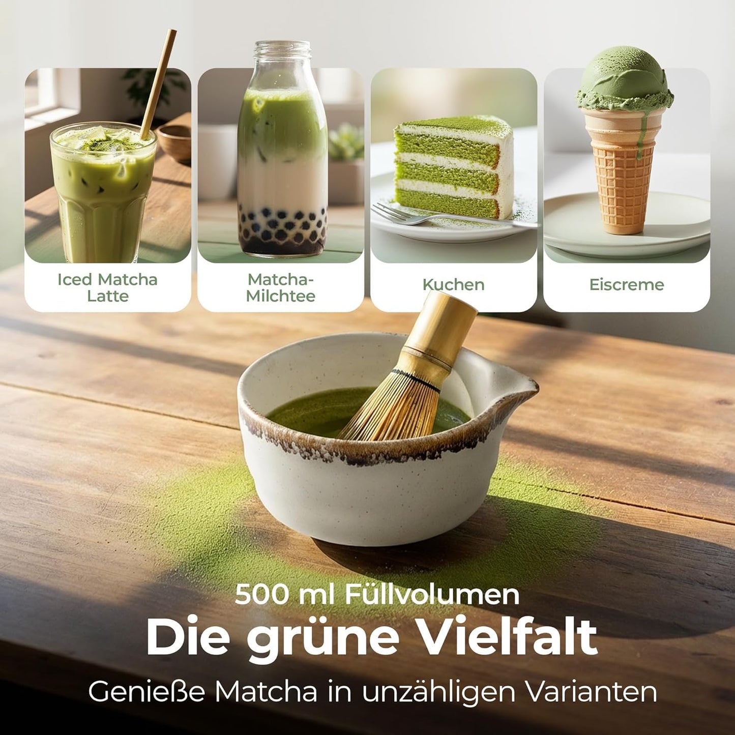 5-teiliges Matcha-Teeset, Weiss mit Braunem Rand