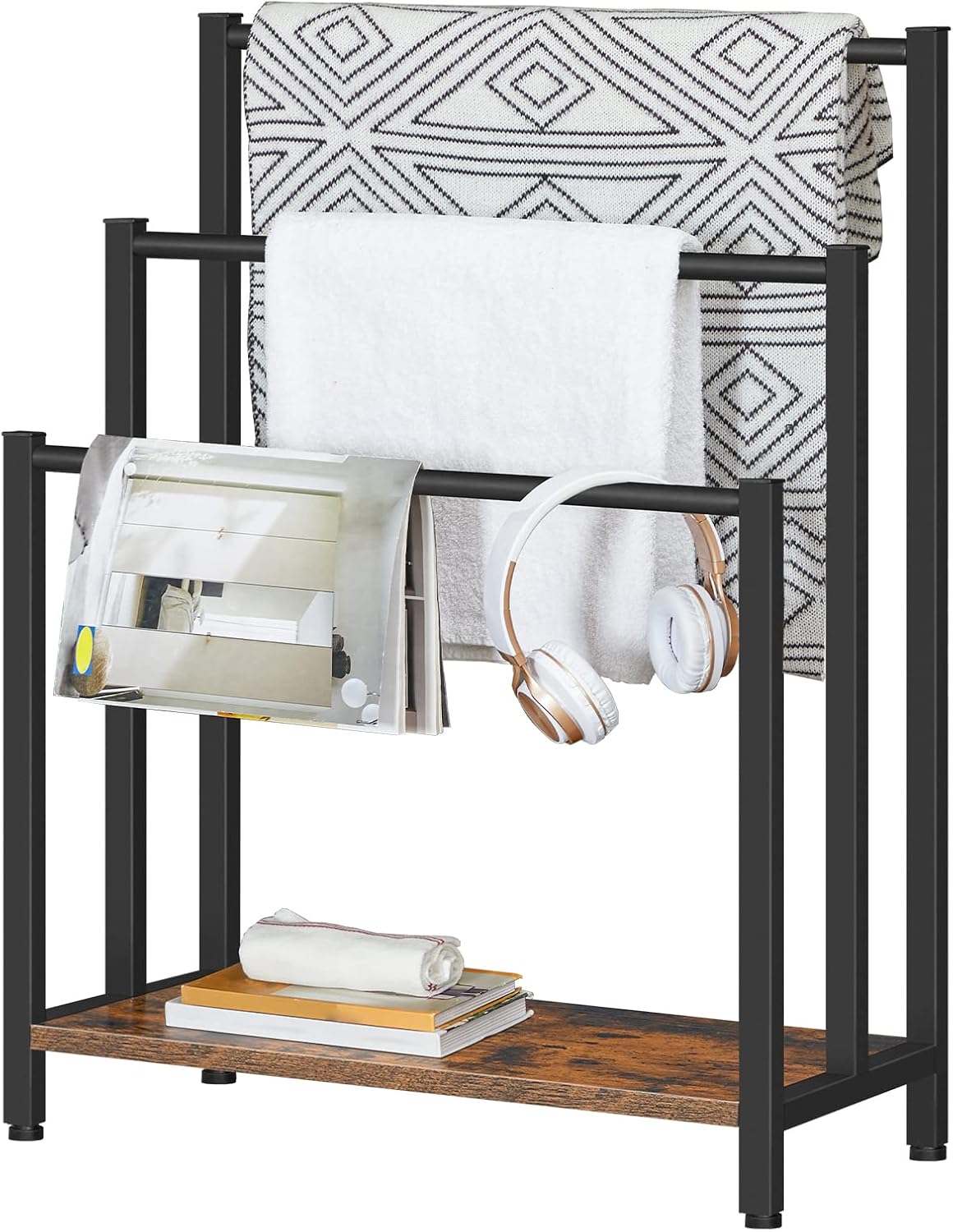 Freistehender Handtuchständer mit 3 Stangen, 60 x 28 x 81 cm Dunkelbraun + Schwarz