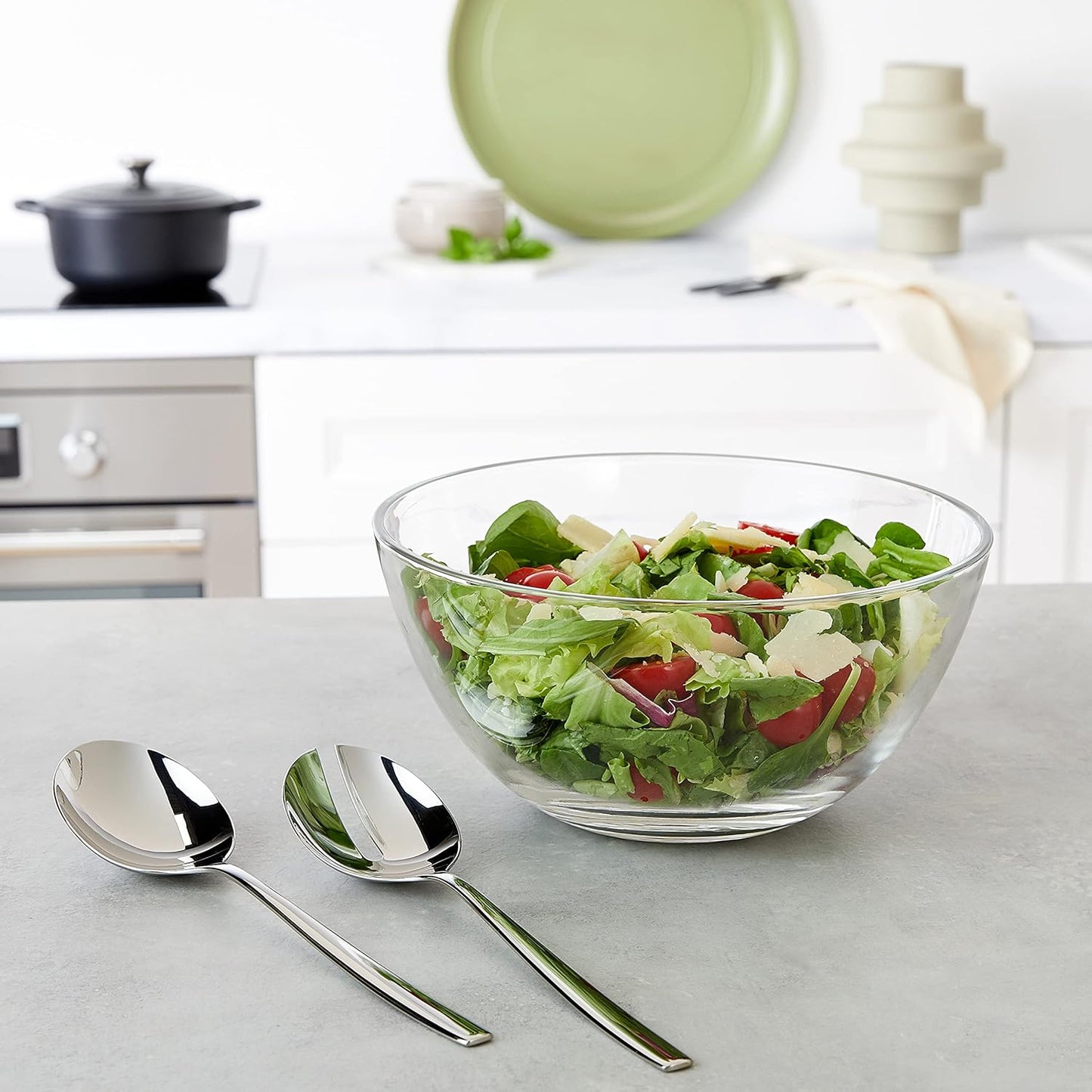 Salatschüssel Set mit Salatbesteck 25cm Taverno Glas Edelstahl 18/10 poliert, Salatschüssel 23.5 cm