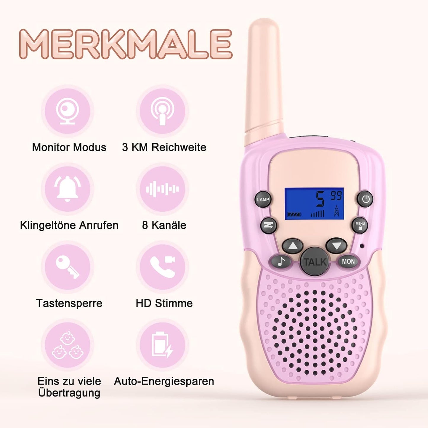 Kinder Walkie Talkies mit VOX & Tastensperre, Rosa