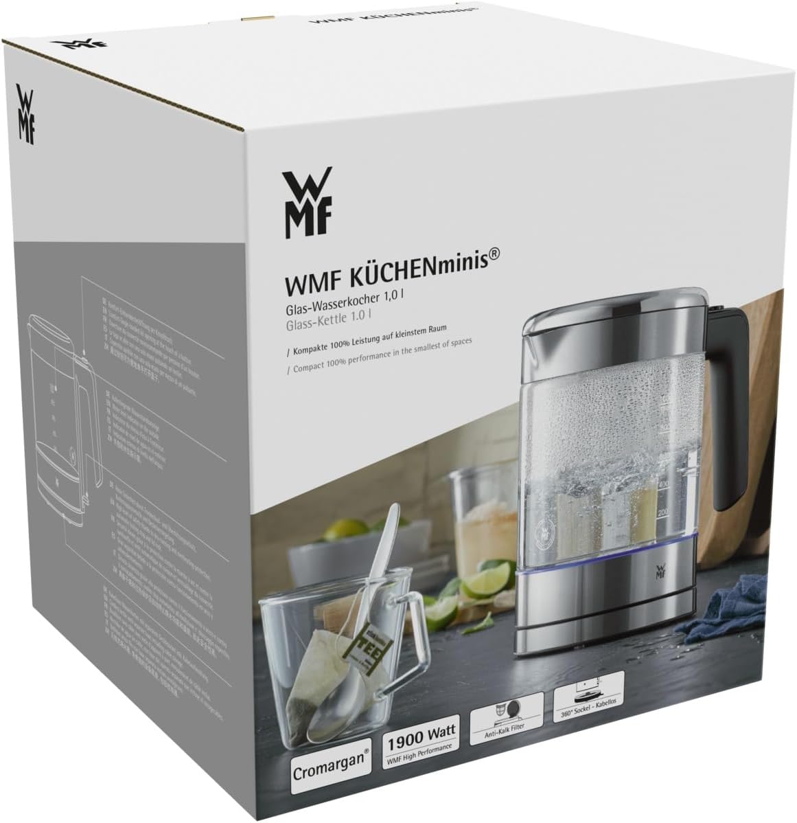 Küchenminis Glas-Wasserkocher mit Kalkfilter, Cromargan Matt, Single