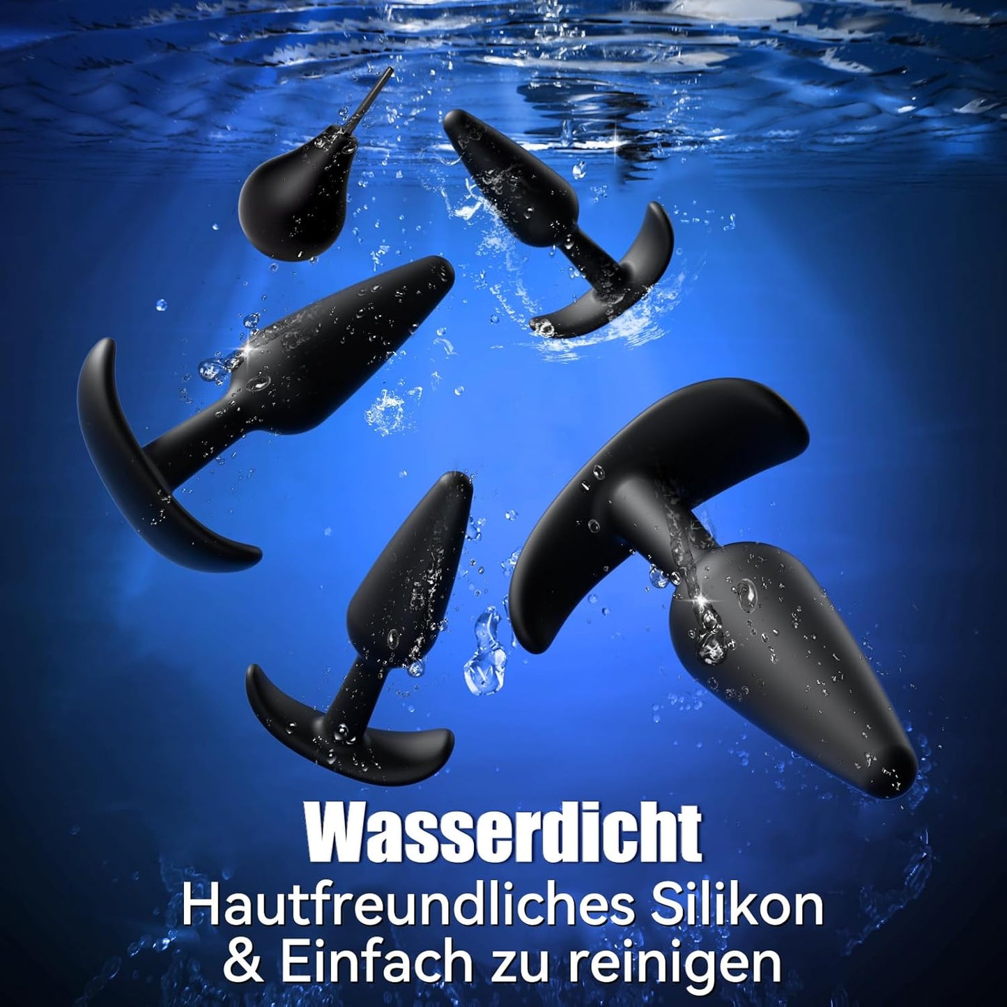 5-teiliges Analplug-Set mit Analdusche, in 4 Grössen, Pechschwarz