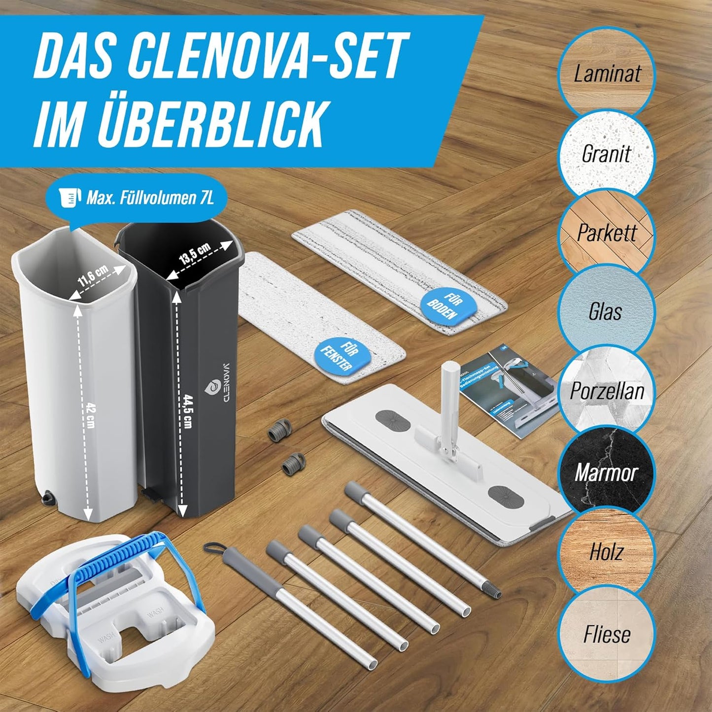 Wischmopp Set mit 2-Kammer-Eimer, Hellblau
