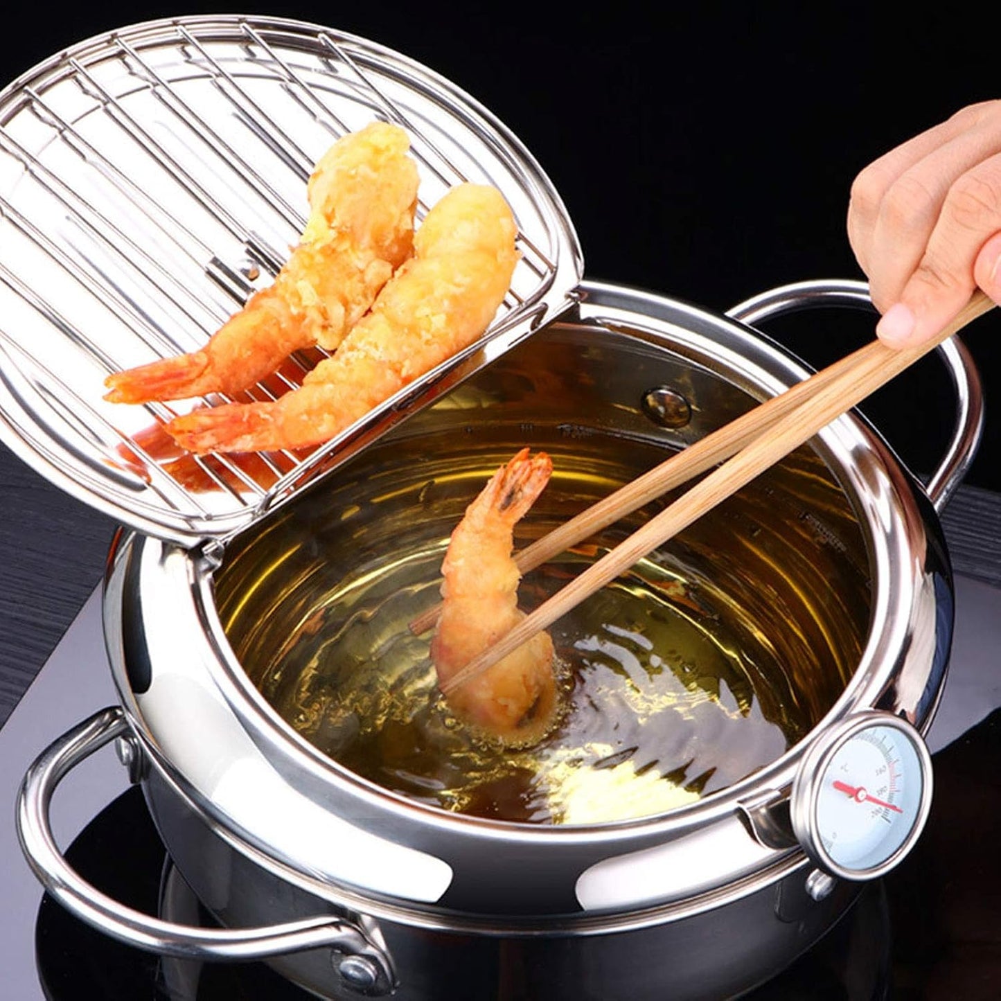Tempura-Fritteuse mit Brattopfdeckel, Ölfilter und Thermometer, Small 20cm