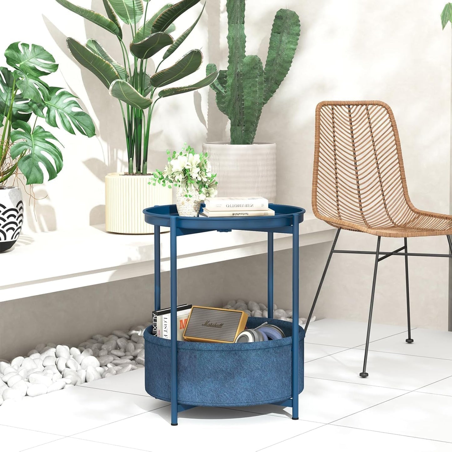 Runder Beistelltisch mit Stoffkorb, Blau