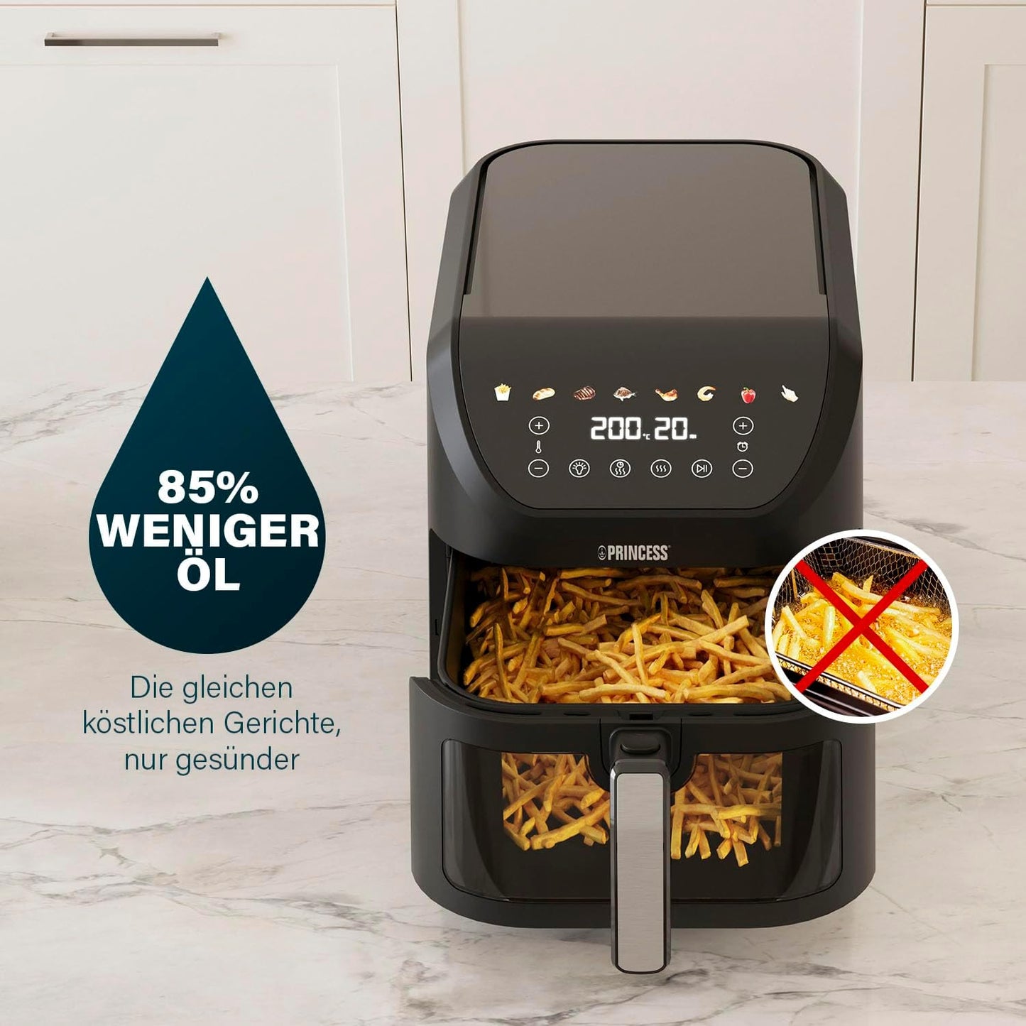 SlimFry Airfryer mit 8 Programmen, Bunte Symbole 8 l