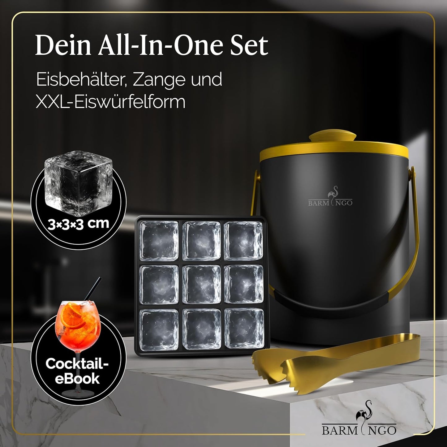 Eiswürfelbehälter mit Deckel und Zange, Schwarz-Gold