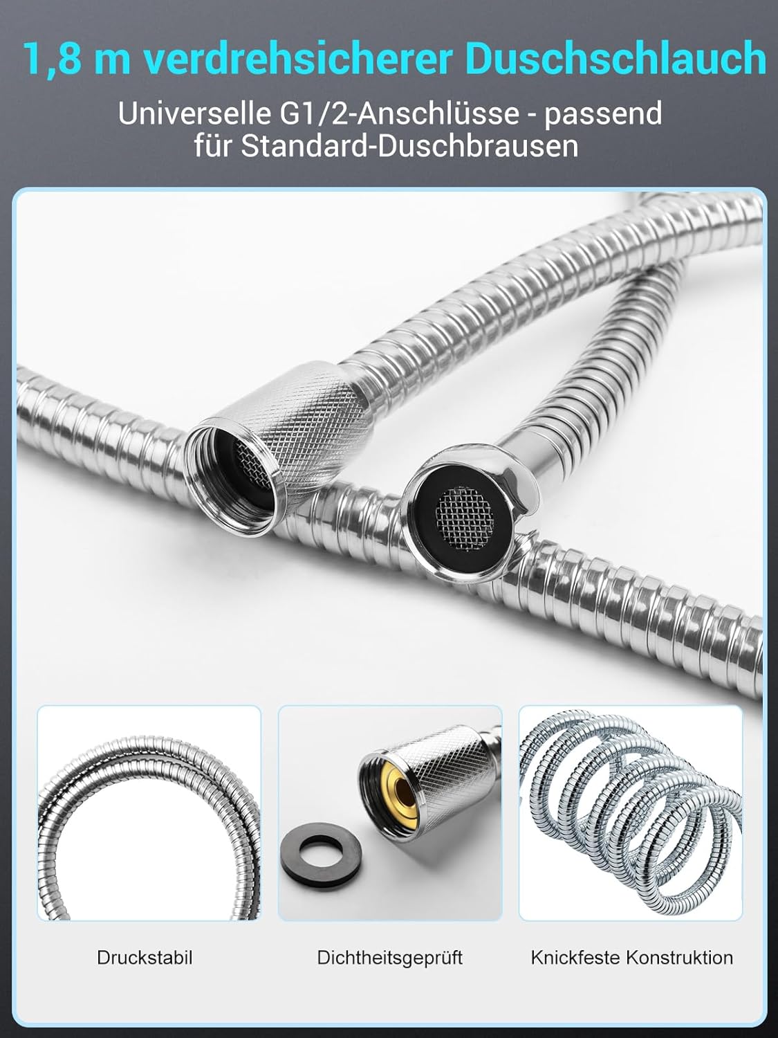 Duschkopf mit 1,8 m Schlauch (6 Strahlarten), Duschkopf mit Schlauch 1,8m