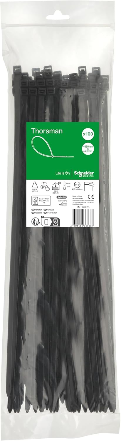 100 x selbstsichernde Kabelbinder, 380x7,6 mm Schwarz