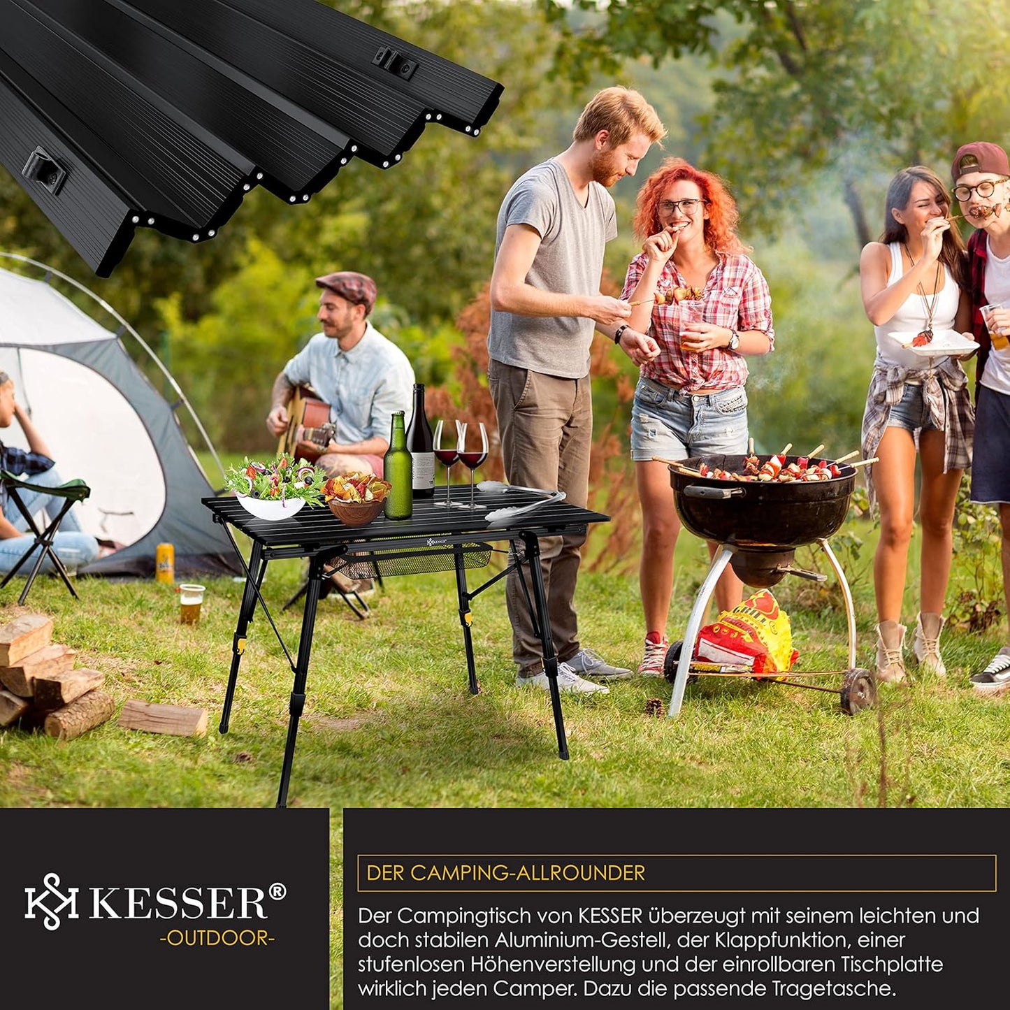 Faltbarer Campingtisch mit Aluminiumrahmen, 90 cm x 53 cm Schwarz