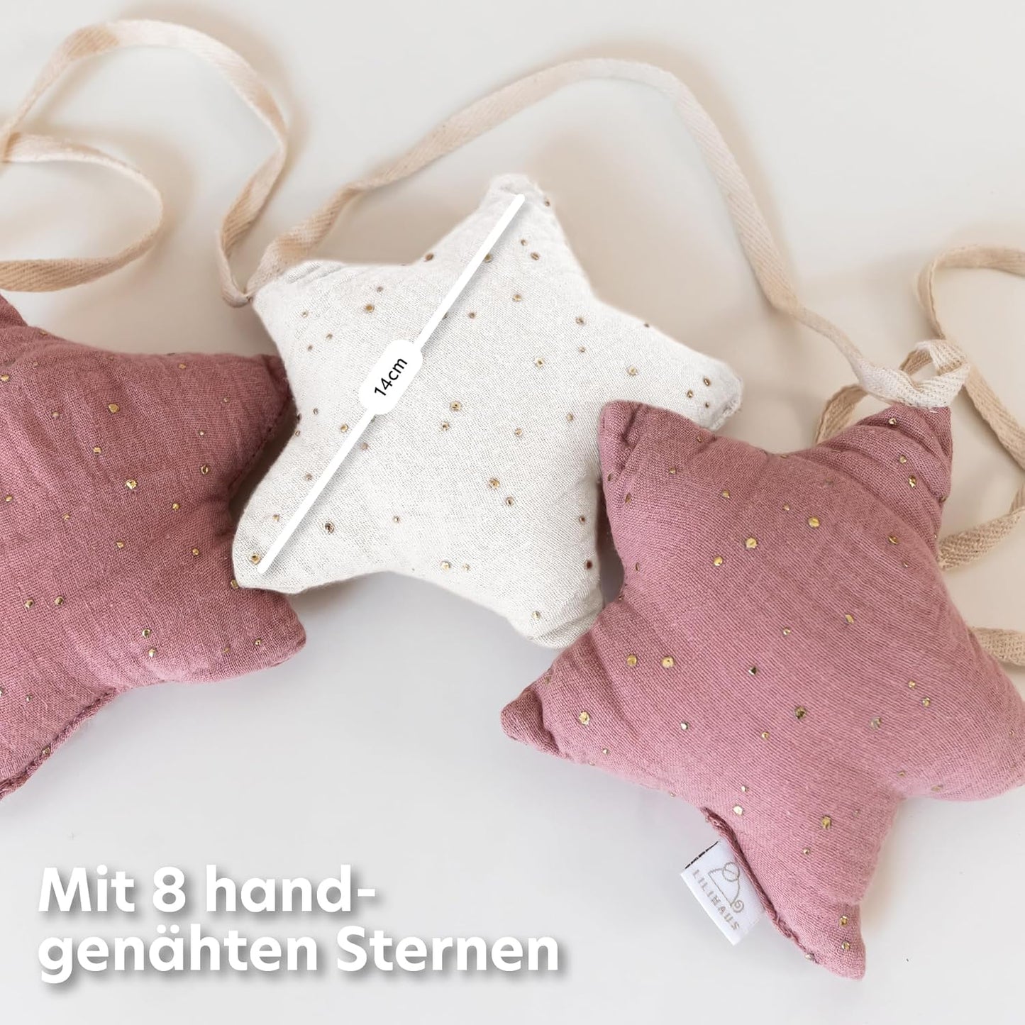 Sternenkette mit Goldapplikation, Weiss & Altrosa Sterne mit Goldapplikation