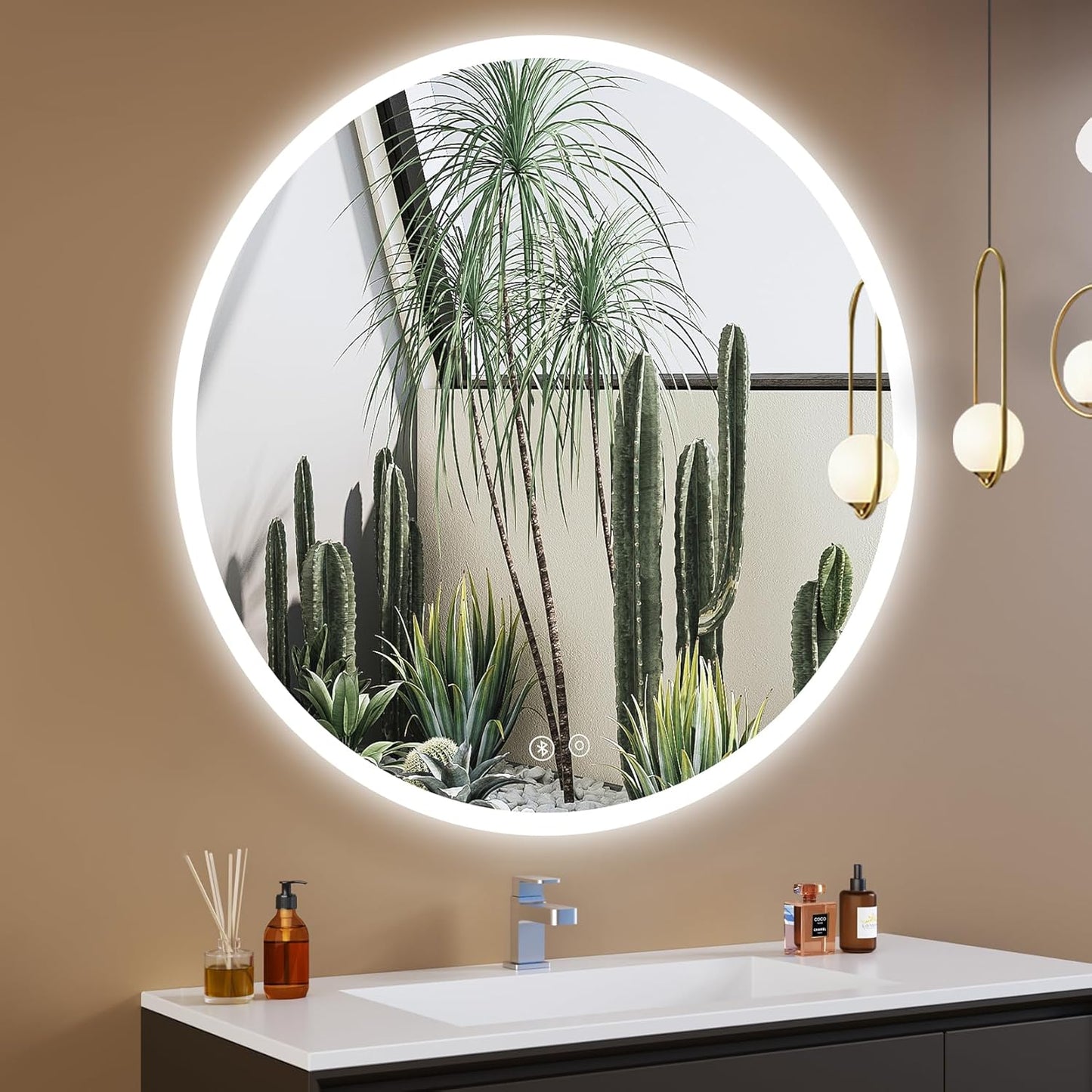 Runder LED-Badspiegel mit Bluetooth und Touchschalter, Bluetooth+ Beschlagfrei+ 3 Lichtfarbe+ Dimmbar 70L x 70B cm