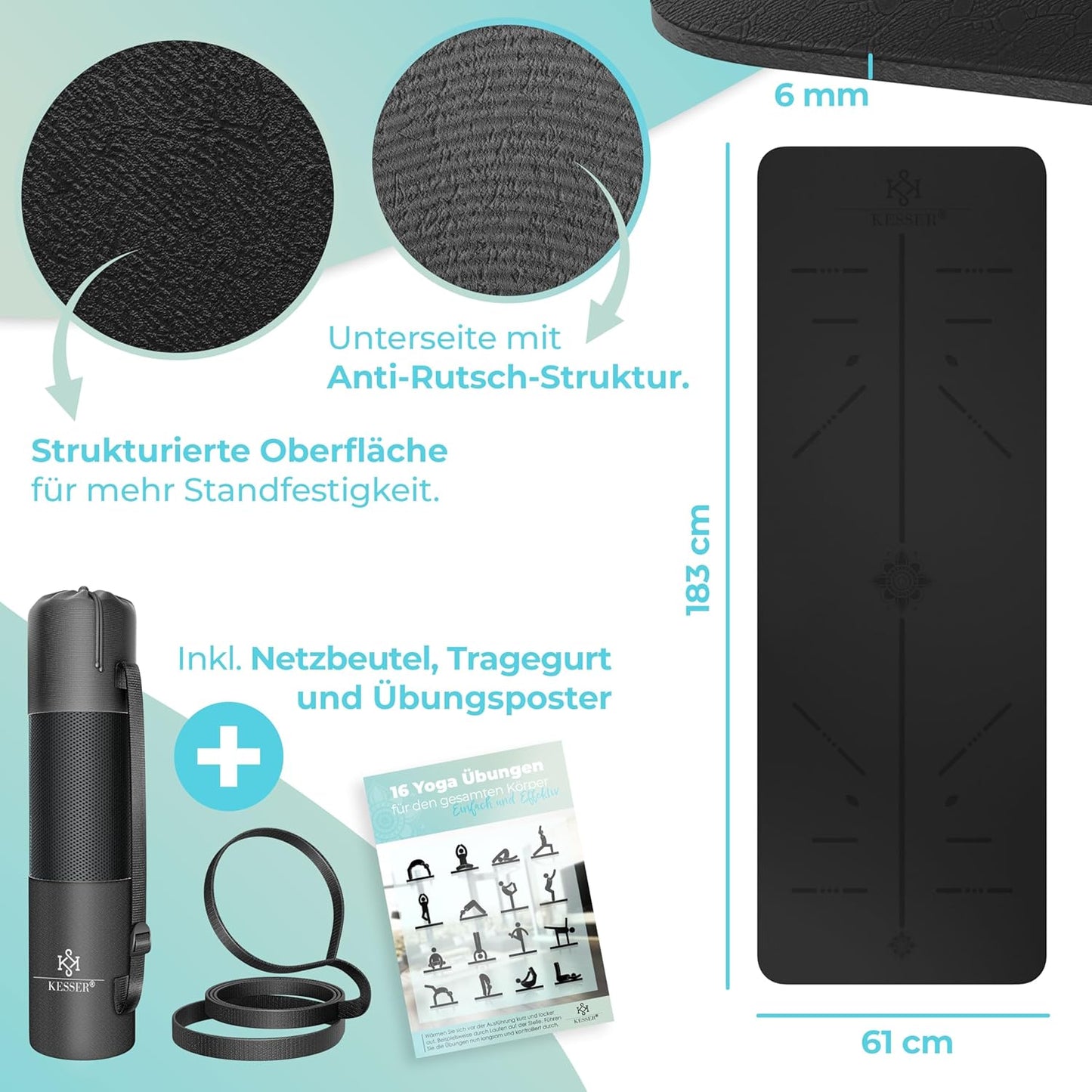 Gymnastikmatte + Tragegurt rutschfest TPE Yogamatte gepolstert, Schwarz / Schwarz